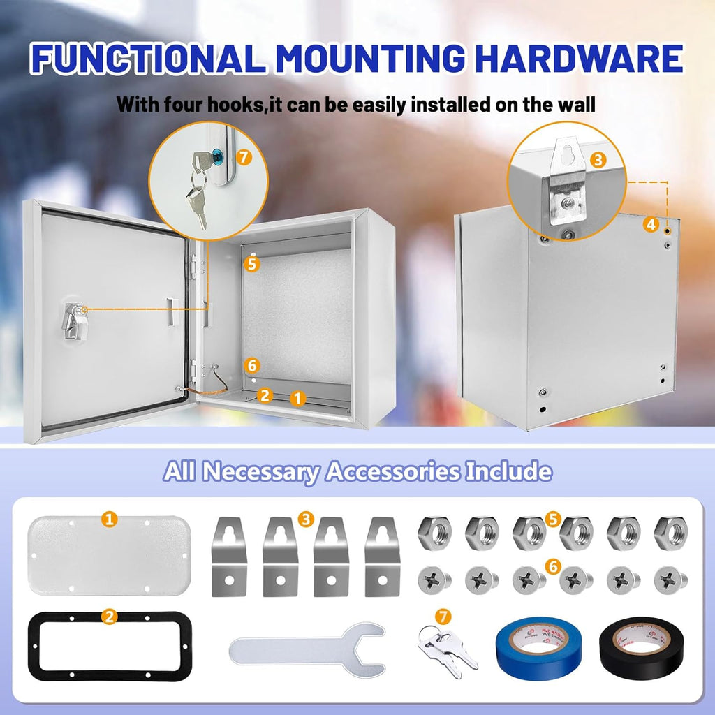 Outdoor Electrical Box 24 x 20 x 8''D NEMA 4X Enclosure Steel Box, Waterproof & Dustproof Outdoor/Indoor Lockable Electrical Junction Box, with Mounting Plate