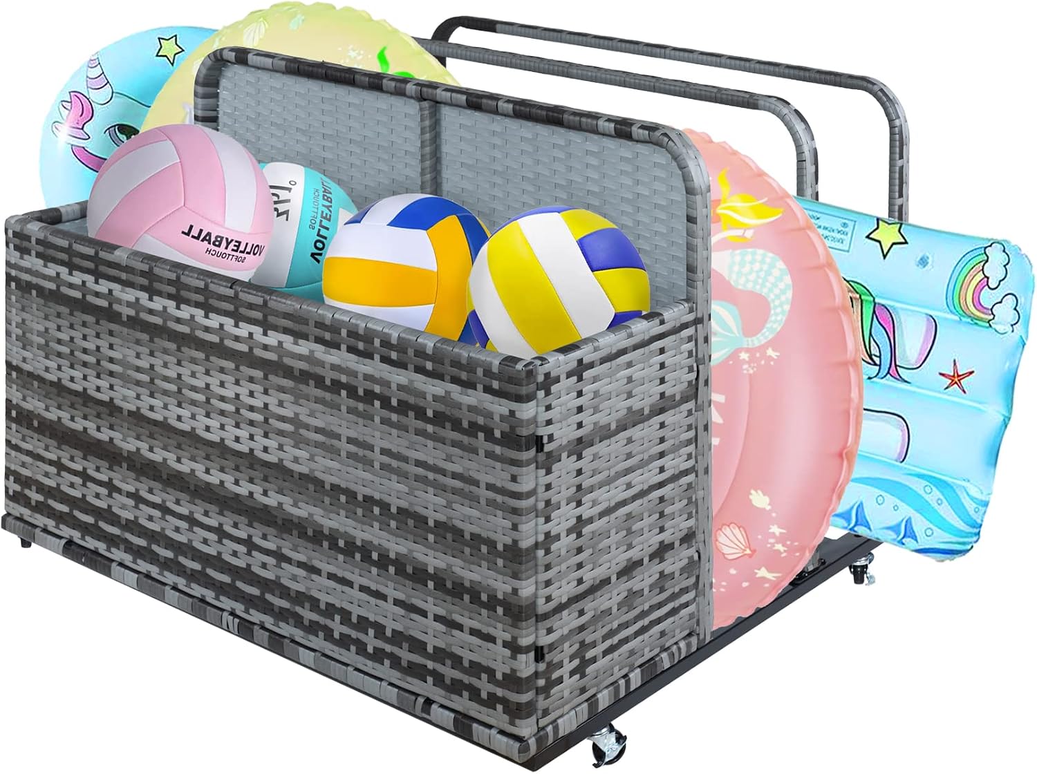 Outdoor Storage, Double Layer Poolside Float Storage, Patio Poolside Float Storage Basket, Storage Box, PE Rattan Outdoor Pool Caddy with Rolling Wheels for Floaties,Beach-Sturdy,Grey