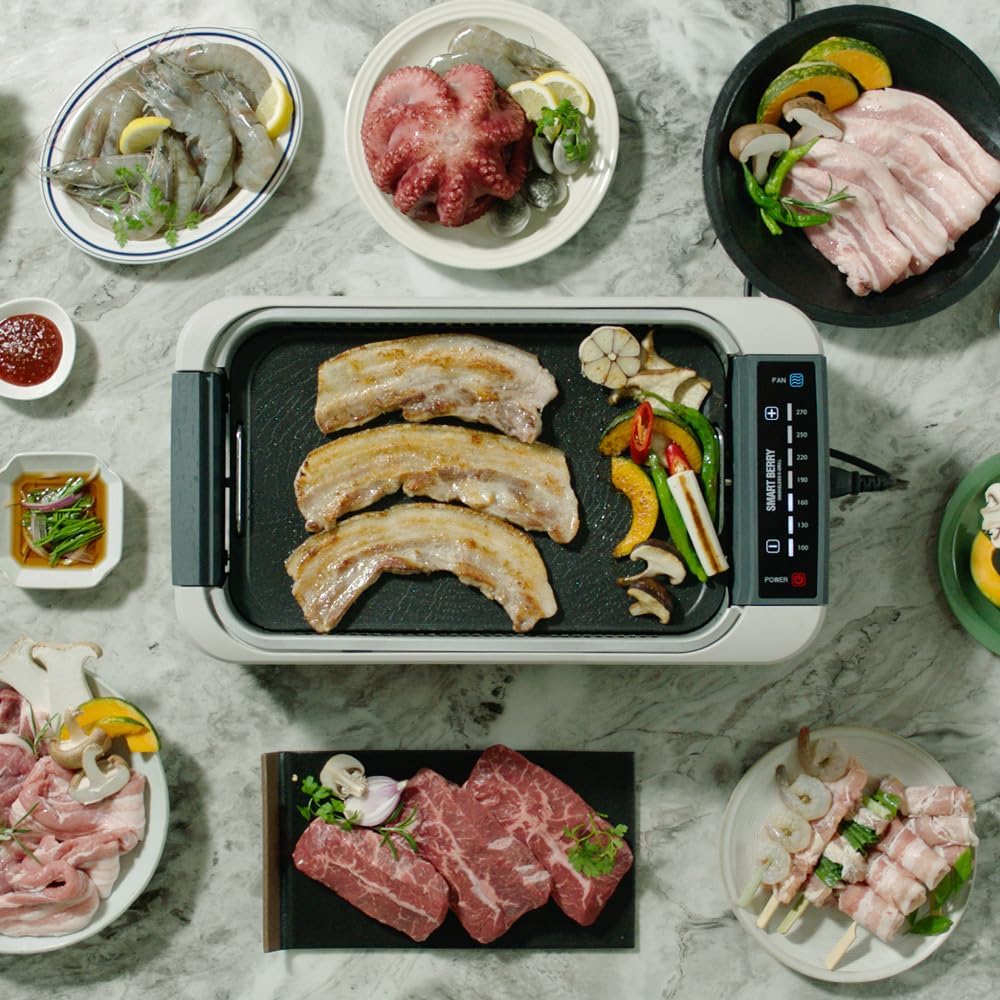 SMART BERRY 3 in 1 Smokeless Electric Indoor Grill, Nonstick Grill/Griddle Plates, hot pot, Glass Lid, Portable Korean BBQ Grill with 7-Level Control, black (HOT POT set White)