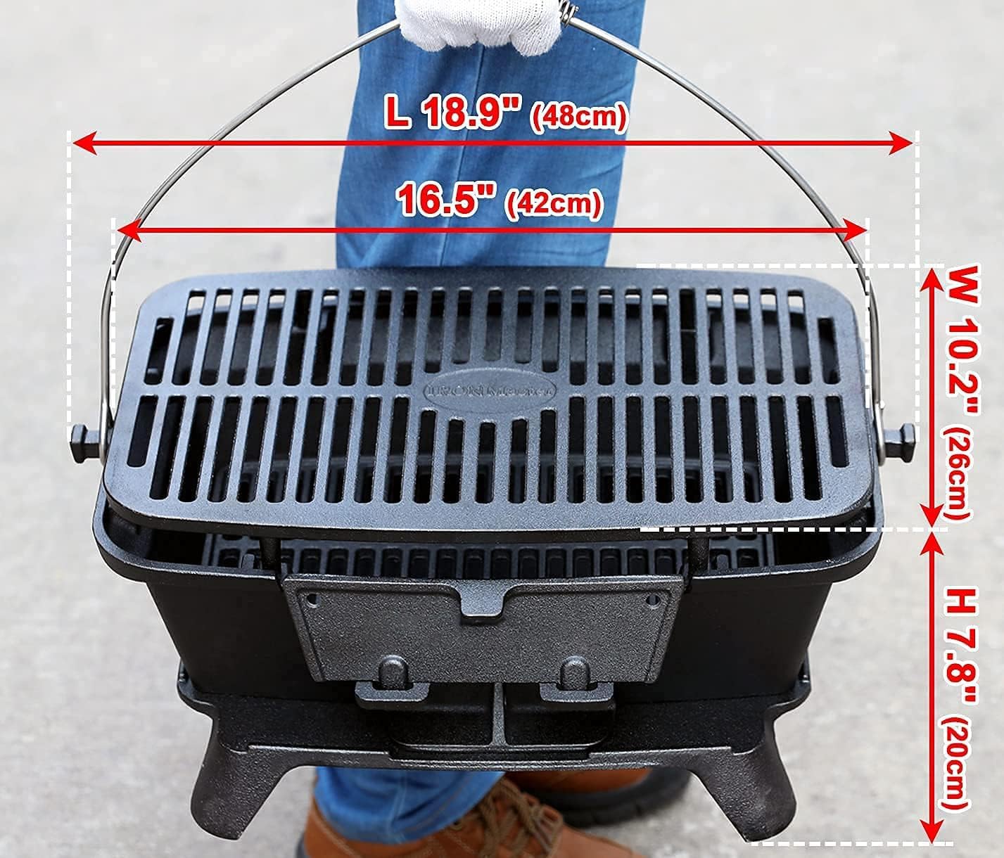IRONMAX Large Hibachi Grill Outdoor, Portable Charcoal Grill and Tabletop Cast Iron Skillet, 100% Cast Iron, Durable, Camping Grill Grate 16.5' x 10.2' - Coal Door, Draft door