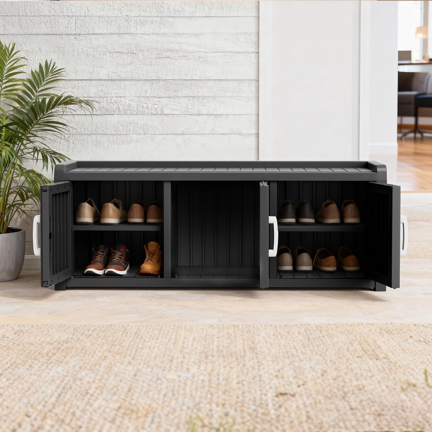 3 Doors Shoe Bench, Waterproof & UV-Resistant, Resin Shoe Cabinet Indoor & Outdoor Use, Entryway Bench with Adjustable Shelves & Hidden Storage Space for Bedroom, Hallway, Black