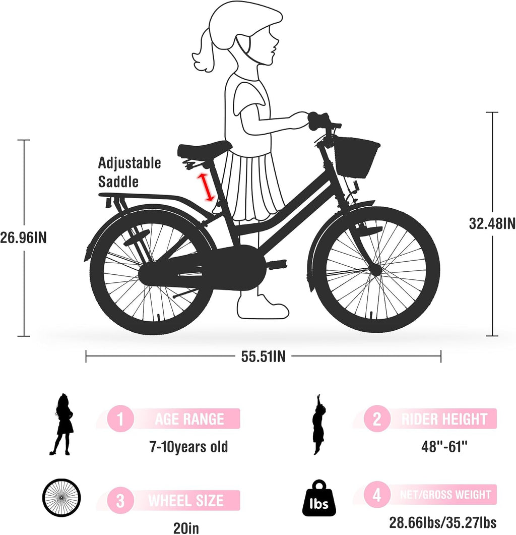 20'/24' Inch Girls Cruiser Bike 1-Speed Hybrid City Bicycle for Youth 7-10+ Years Old with Wicker Basket & Rear Rack，Kids Cycle Bikes，Hand&Pedal Brake，Steel Frame，Multiple Colors