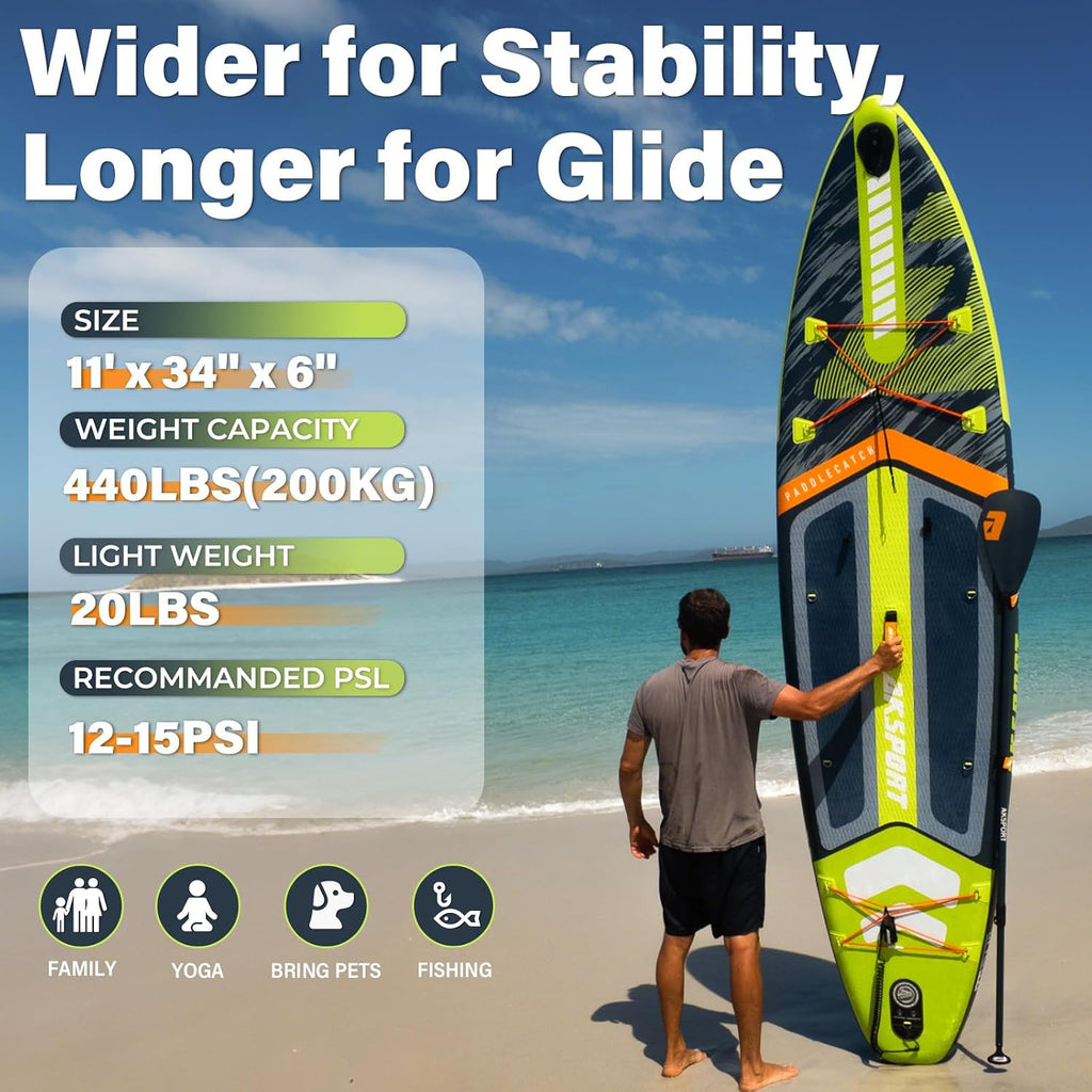 AKSPORT 11' Inflatable Stand-Up Paddle Board with Upgraded SUP Accessories Kit | Extra Wide 34' Design | Non-Slip Deck | Premium SUP Board for Adults & Youth of All Levels