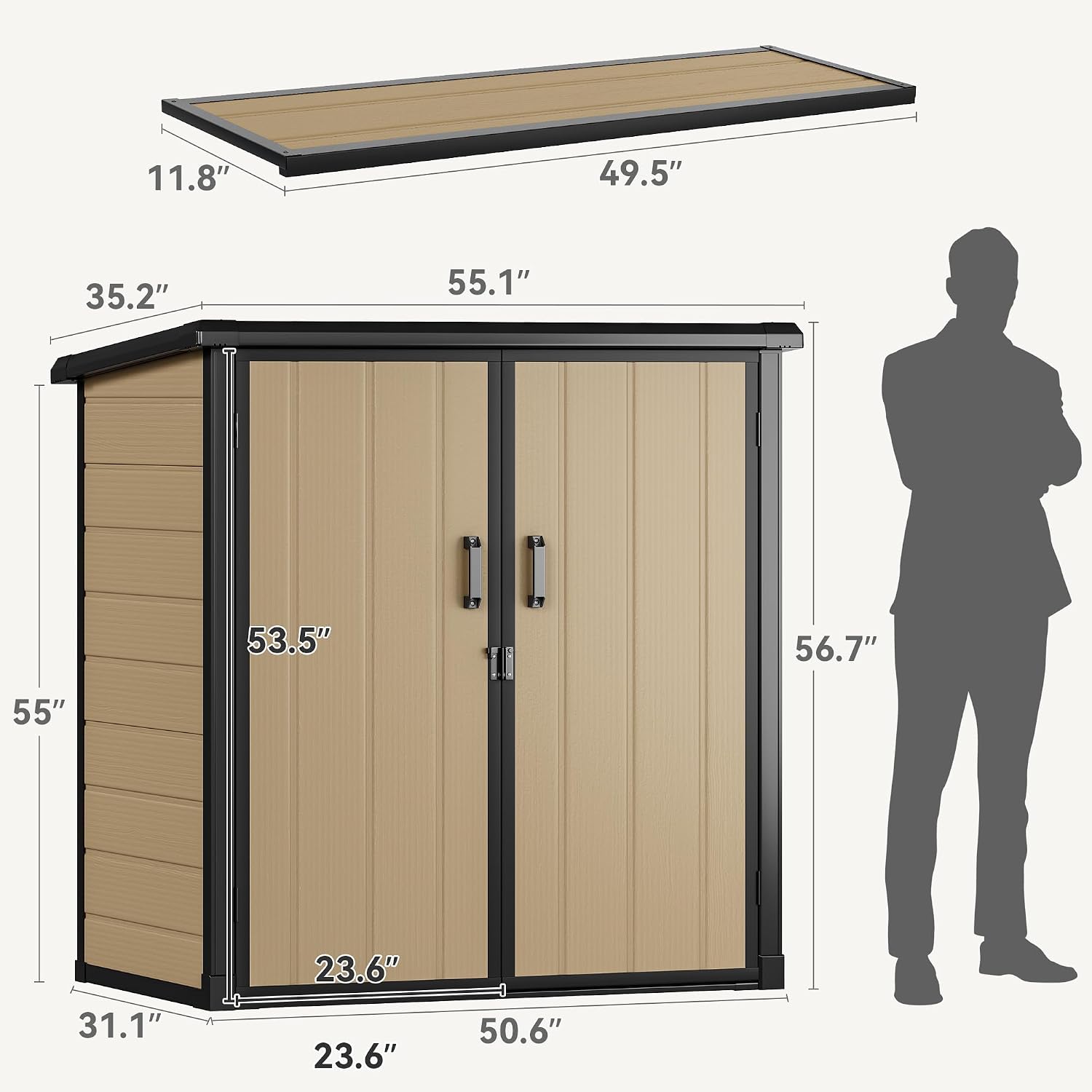 DWVO Outdoor Storage Shed 54 cuft with 2 Shelves, 4.2x2.6x5ft Vertical Tool Shed with Floor & Lockable Doors, Sturdy Double-Wall Plastic Cabinet for Garbage Cans and Garden Storage, Brown