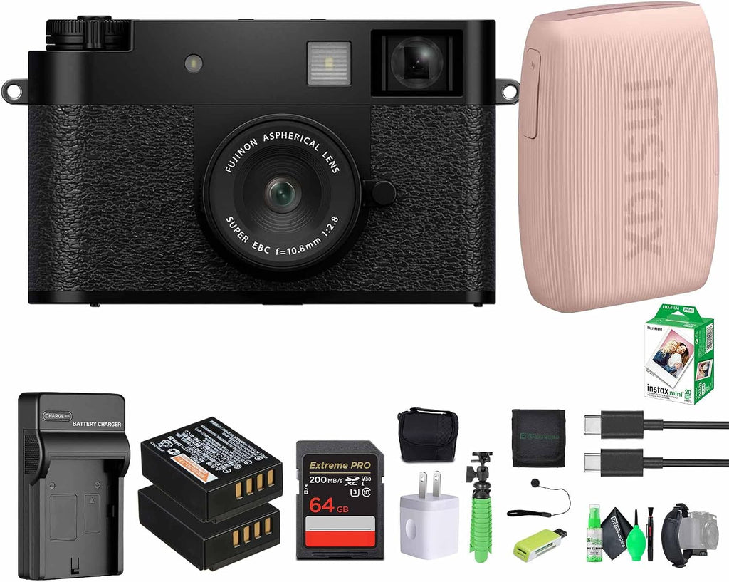 FUJIFILM X Half Premium Compact Digital Camera (Black) Bundle with Fuji INSTAX MINI Link 3 Smartphone Printer (Rose Pink) + Instax Mini Film + Extra Battery + Charger + 64GB Memory Card + More