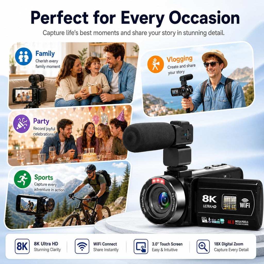 Video Camera, 8K Camcorder 48MP 15FPS UHD WiFi Vlogging Camera with IR Night Vision for YouTube, 3' Touch Screen 18X Digital Zoom, with Fill Light, Mic, Stabilizer, Lens Hood, Remote and 2 Batteries
