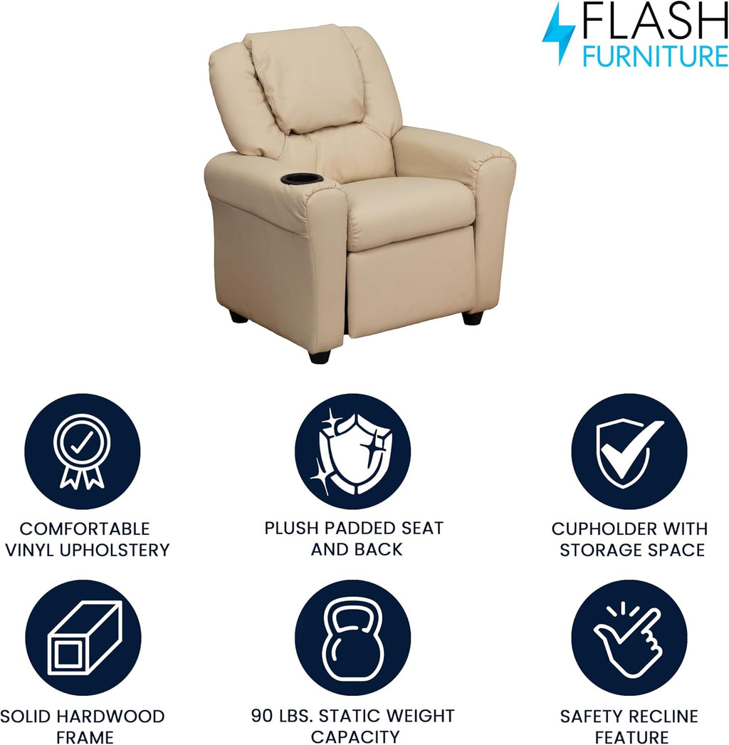 Flash Furniture Vana Vinyl Kids Recliner with Cup Holder, Headrest, and Safety Recline, Contemporary Reclining Chair for Kids, Supports up to 90 lbs., Beige