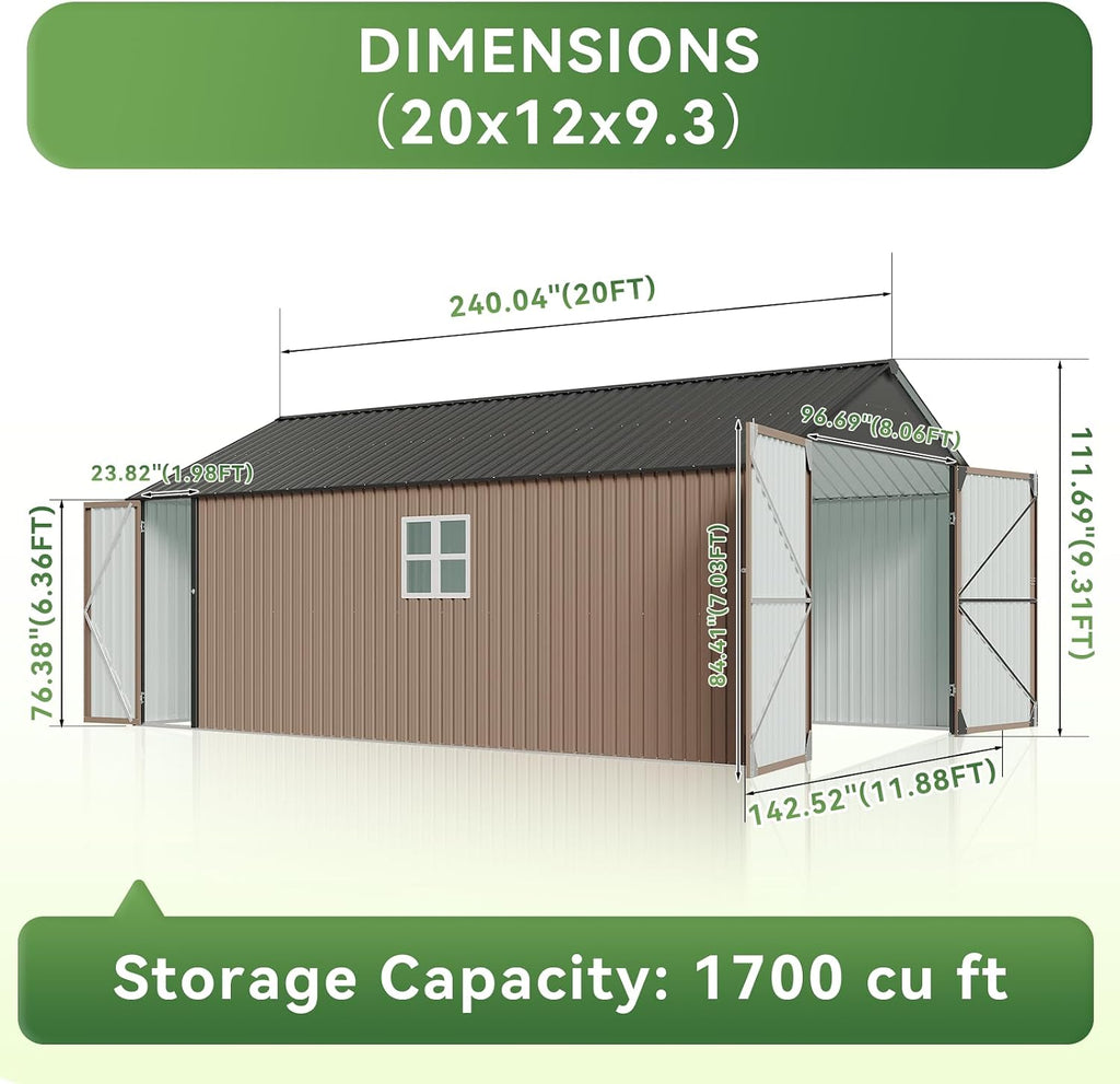 Aoxun 12x20x9.3 FT Metal Storage Shed Outdoor Large Garage Shed Carport with Double Doors,Side Door & Windows, Heavy Duty Garden Tool Shed All-Weather Outdoor Building for Vehicles & Sundries(Brown)