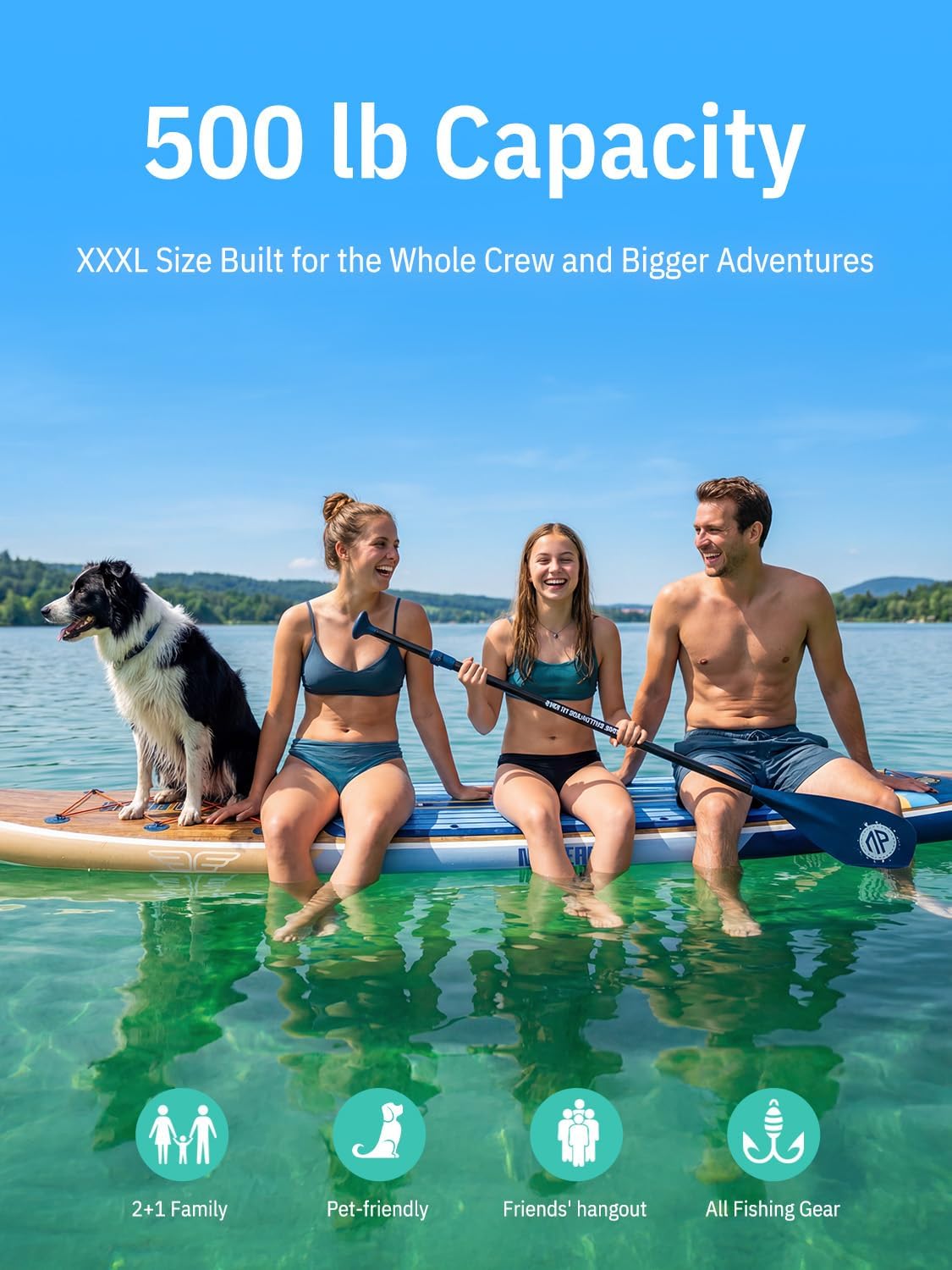Niphean (Extra Large) Inflatable Paddle Board, SUP for 2+1 People/Family 500lbs Capacity Stand Up Paddle Board with SUP Accessories, StabilTrac Fin Non-Slip Paddleboard for Adults
