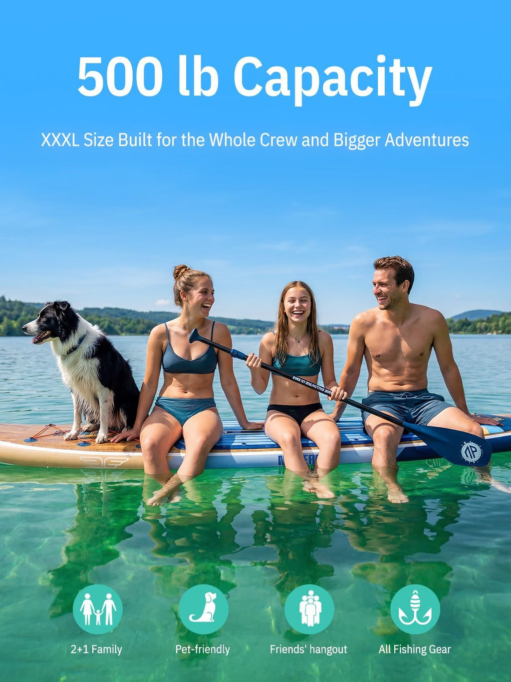 Niphean (Extra Large) Inflatable Paddle Board, SUP for 2+1 People/Family 500lbs Capacity Stand Up Paddle Board with SUP Accessories, StabilTrac Fin Non-Slip Paddleboard for Adults