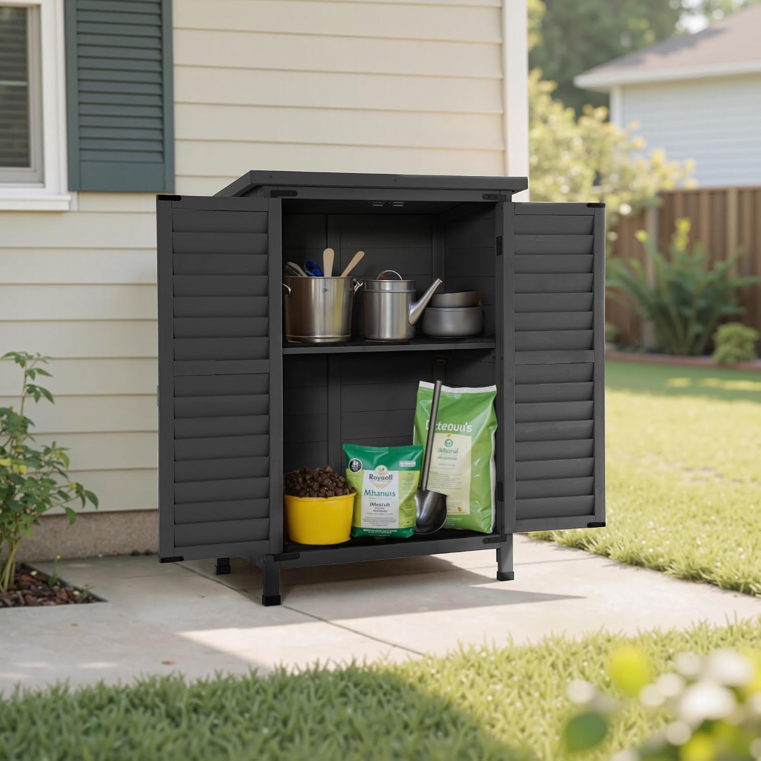 MCombo Outdoor Storage Cabinet, Small Storage Shed with Removable Shelf, Wood Garden Shed with 2 Doors for Yard Patio Lawn (24.6 x 18.3 x 38.2 inch) 0985 (Grey)