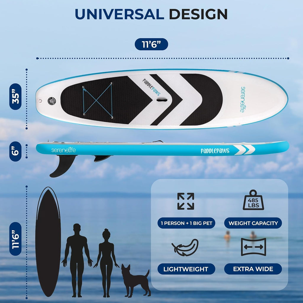 SereneLife XL Inflatable Stand Up Paddle Board - Pet-Friendly SUP for Adults and Pets - Extra-Wide Stable Design with Non-Slip EVA Deck Pad, Premium SUP Accessories, 440/485 lbs