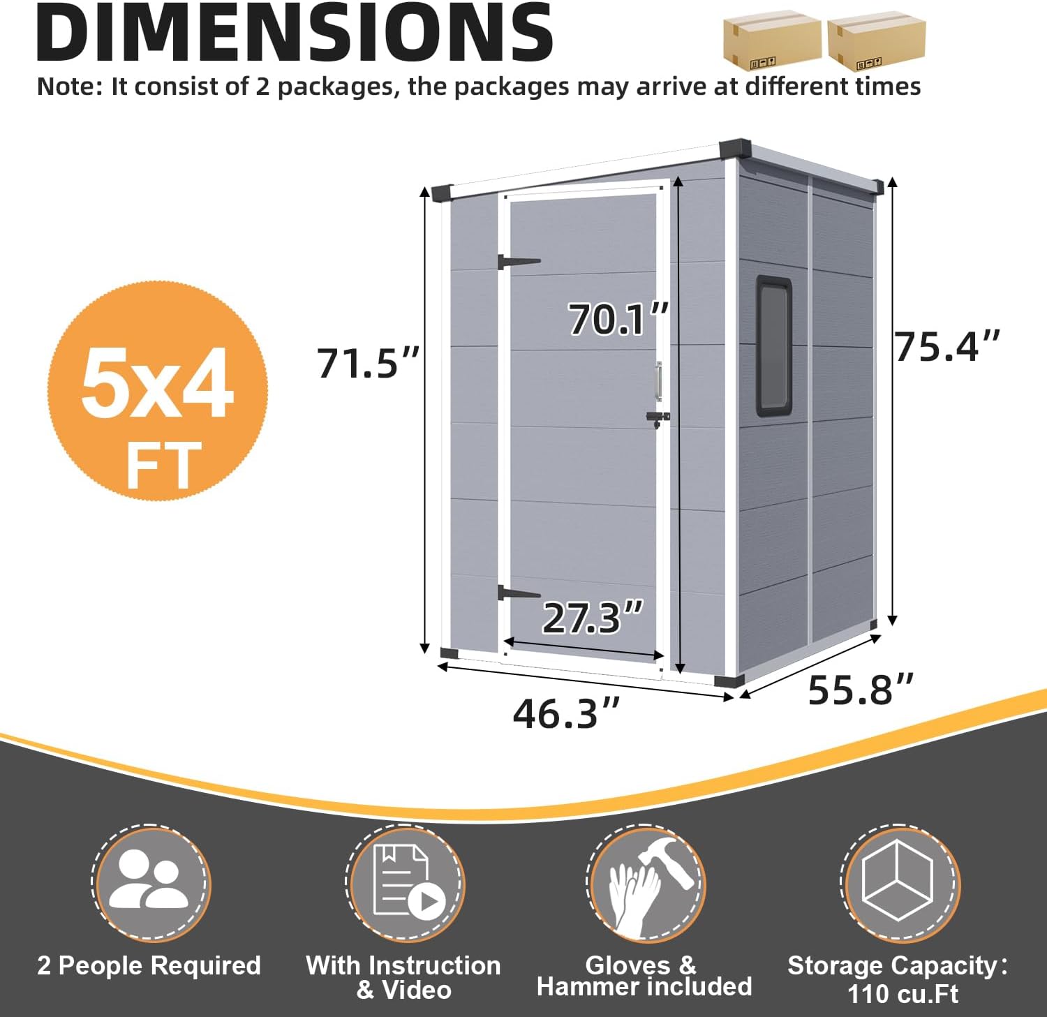 MELLCOM 5 x 4 FT Outdoor Storage Tool Shed with Windows and Lockable Door, Resin Outdoor Storage Shed with Floor, Resin Garden Shed for Garbage Can, Lawnmower, Bike