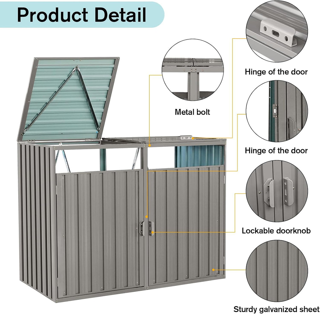 KEIKI 63' Garbage Bin Shed Stores 2 Metal Trash Cans,Outdoor Storage Lockable for Garden Yard Lawn Patio