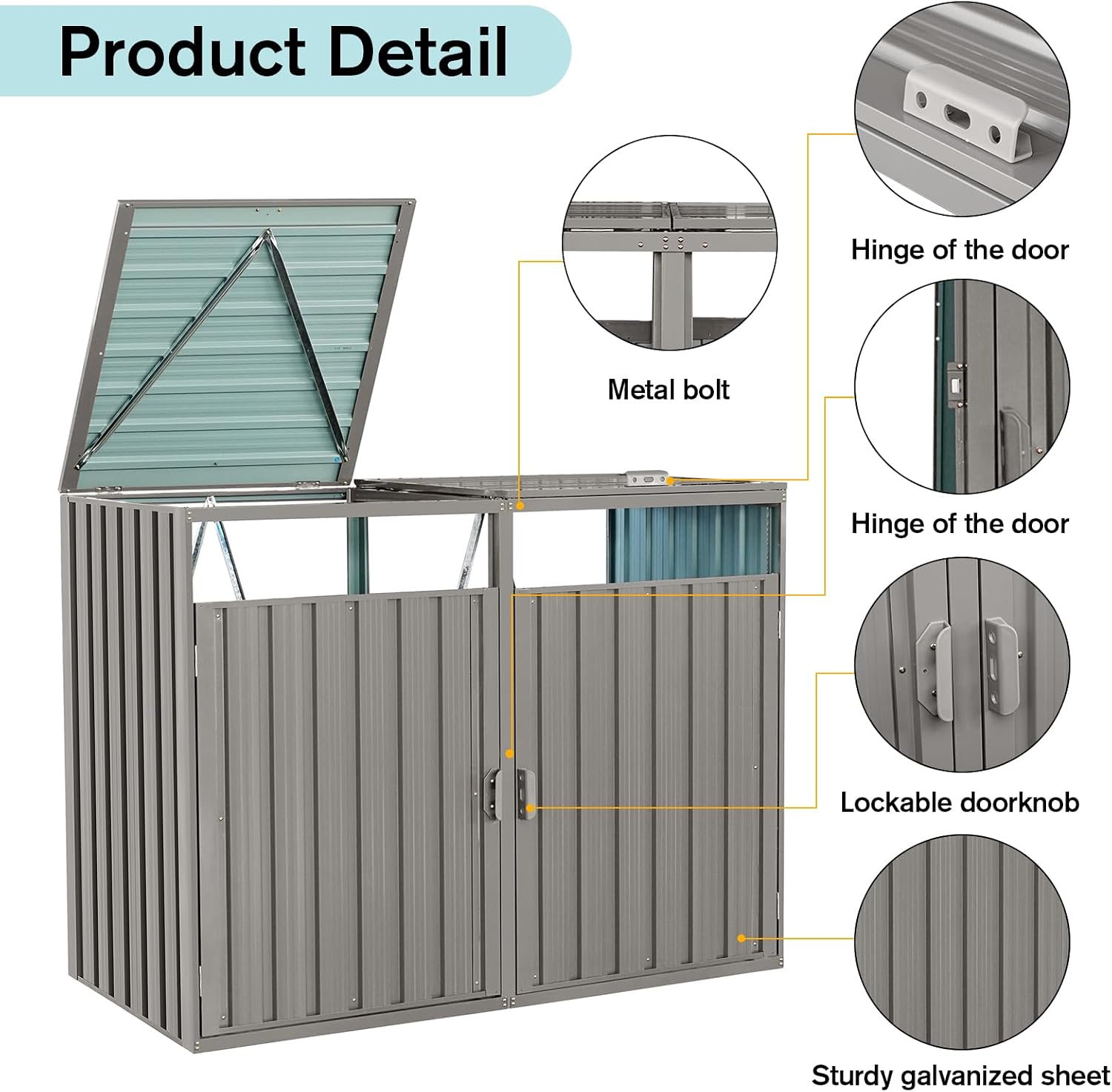 KEIKI 63' Garbage Bin Shed Stores 2 Metal Trash Cans,Outdoor Storage Lockable for Garden Yard Lawn Patio