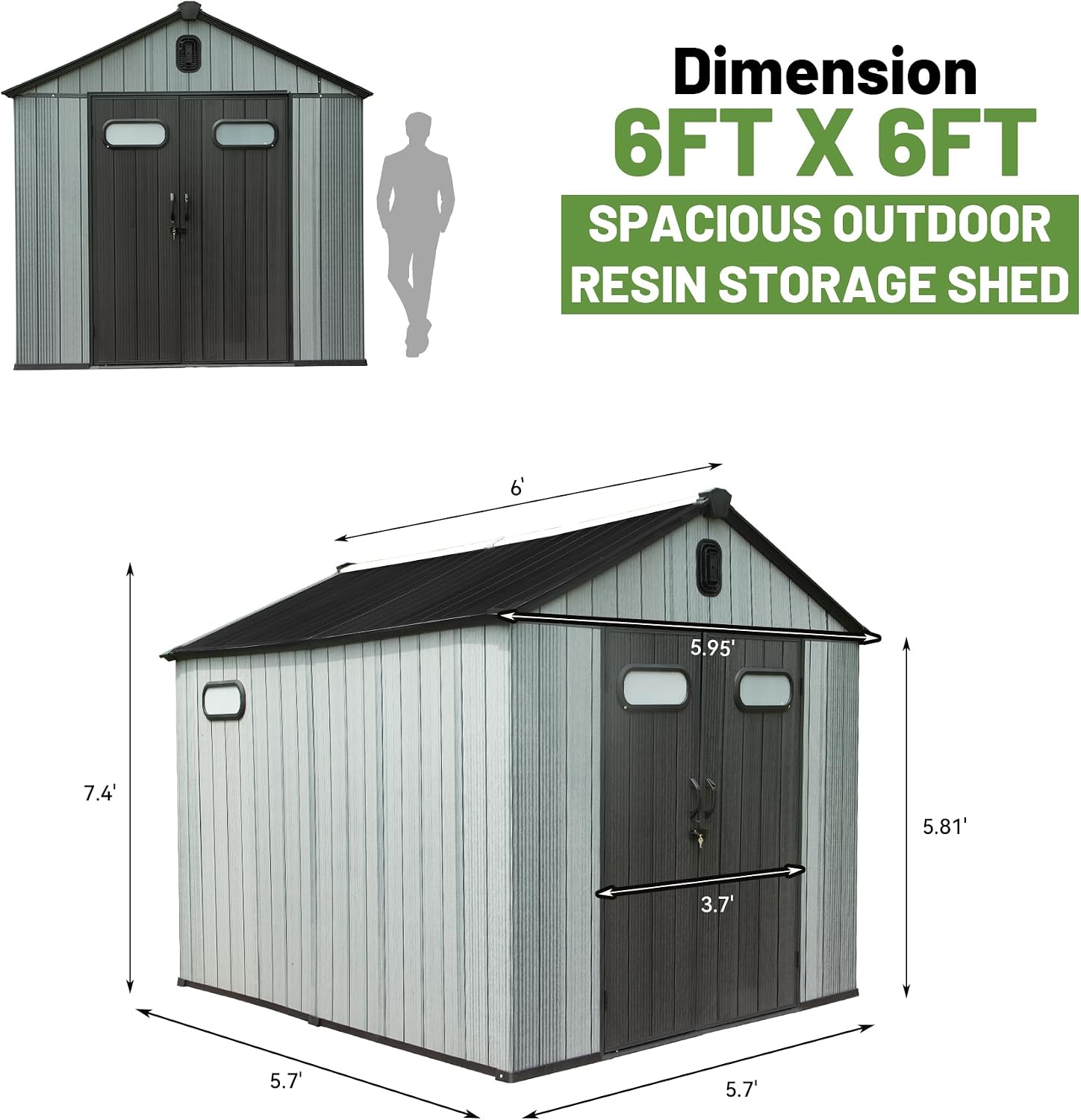 6X6 FT Outdoor Resin Storage Shed, Waterproof Plastic Garden Shed with Lockable Door, Windows & Vents, Outside Storage Tool Shed for Patio Furniture, Lawn Mower, Bike
