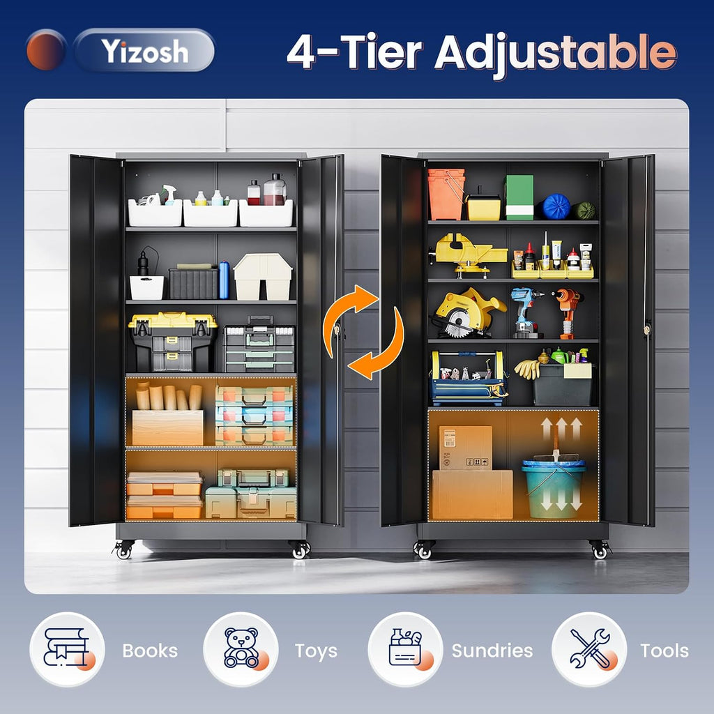 Yizosh Metal Garage Storage Cabinet with Locking Doors and Adjustable Shelves,- 75' Rolling Steel Tool Cabinet for Home Office,Garage,Warehouse