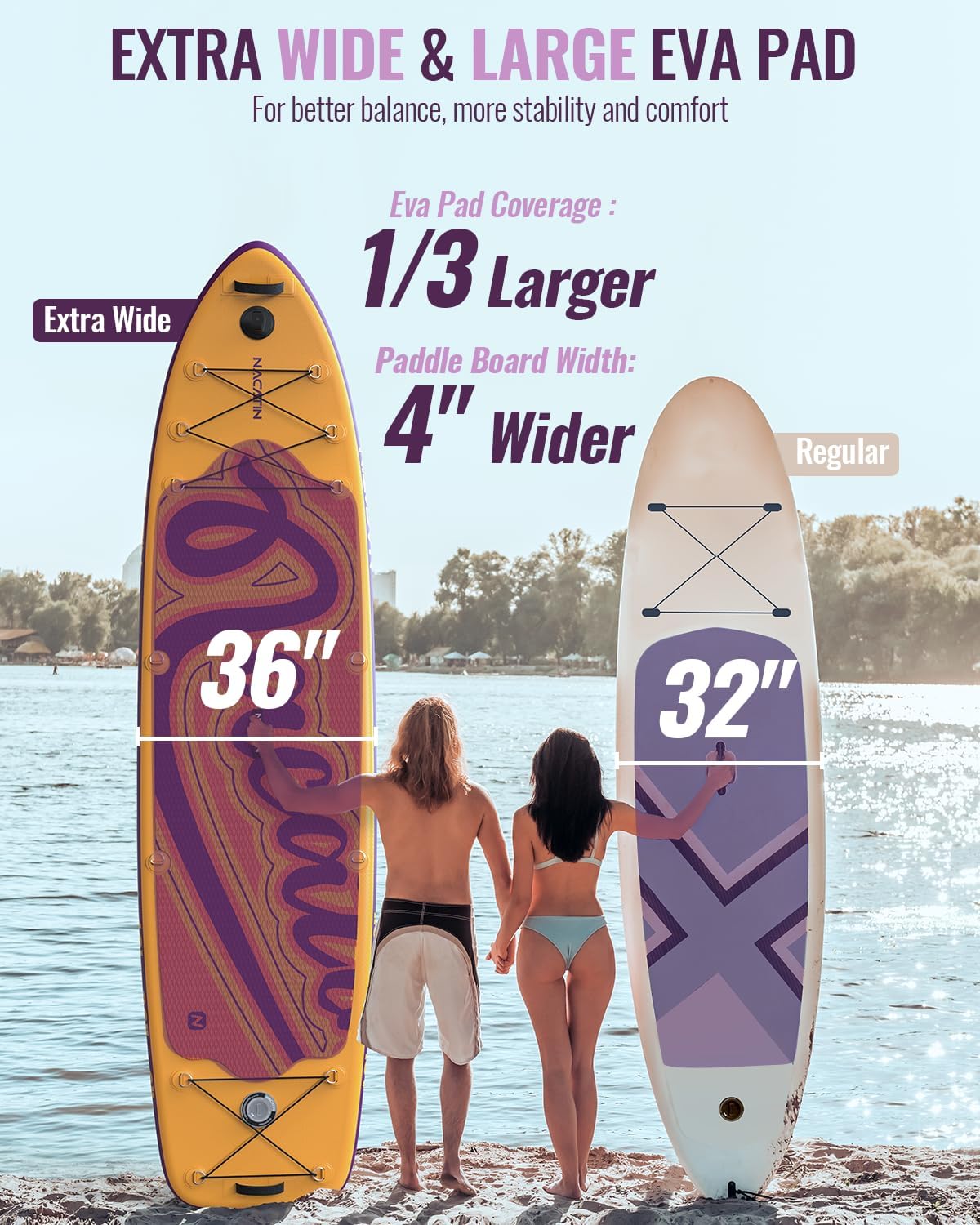 NACATIN 12'/366cm Extra Large Inflatable Stand Up Paddle Board with Seat, Wide 36'/91cm SUP Board for Adults & Family, with Single/Double Paddle, Kayak Seat, Pump, Stable Wide Deck for Beginners