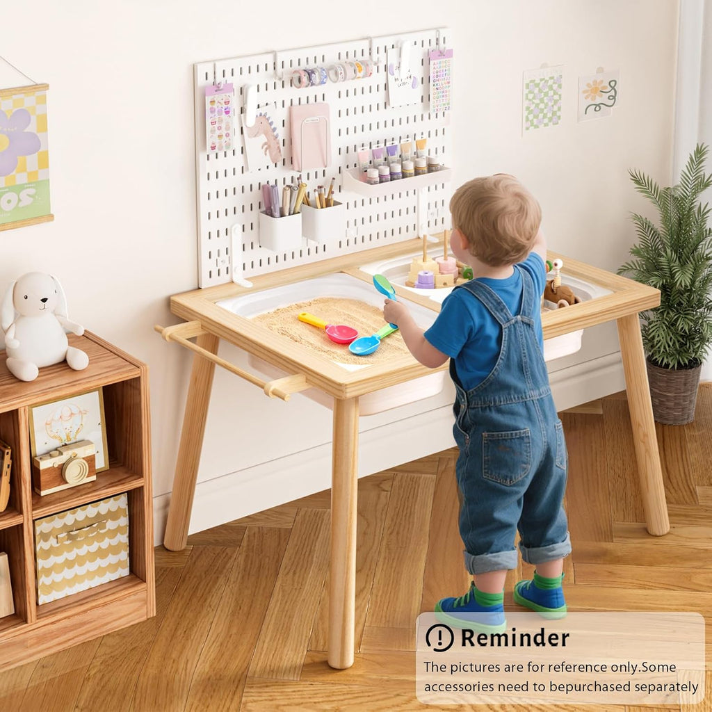 Easyego Sensory Table for Toddlers Kids Play Wooden Sand Water Table with Can DIY Creation Pegboard & Foldable Storage Bins for Indoor and Outdoor Use,Birthday Gifts for Boys and Girls - Natural Color
