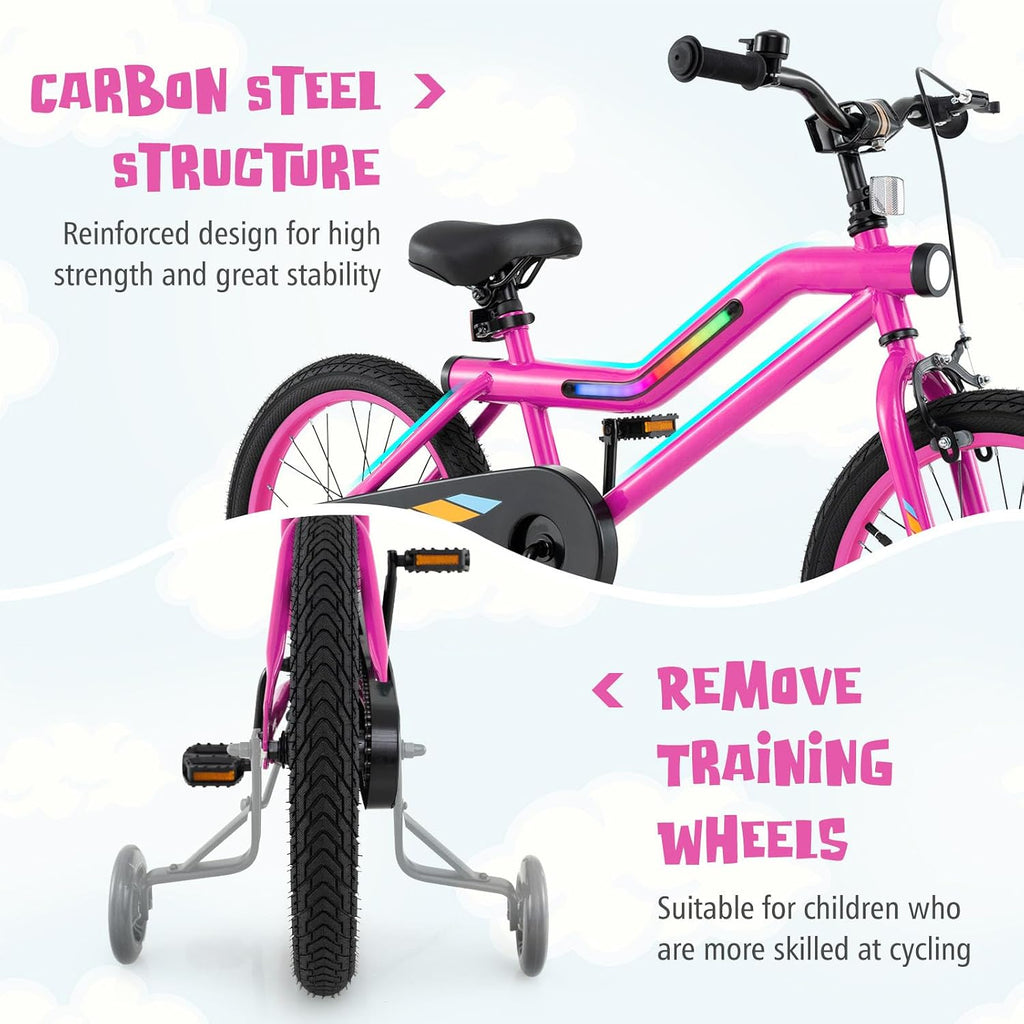BABY JOY Lighted Kids Bike, 16 18 Inch Children Bicycle with 7-Mode LED Lighted Frame, Headlight, Flash Training Wheels, Dual-Brake, 95% Pre-Assembled, Girls Boys Bike for 4-8 Years