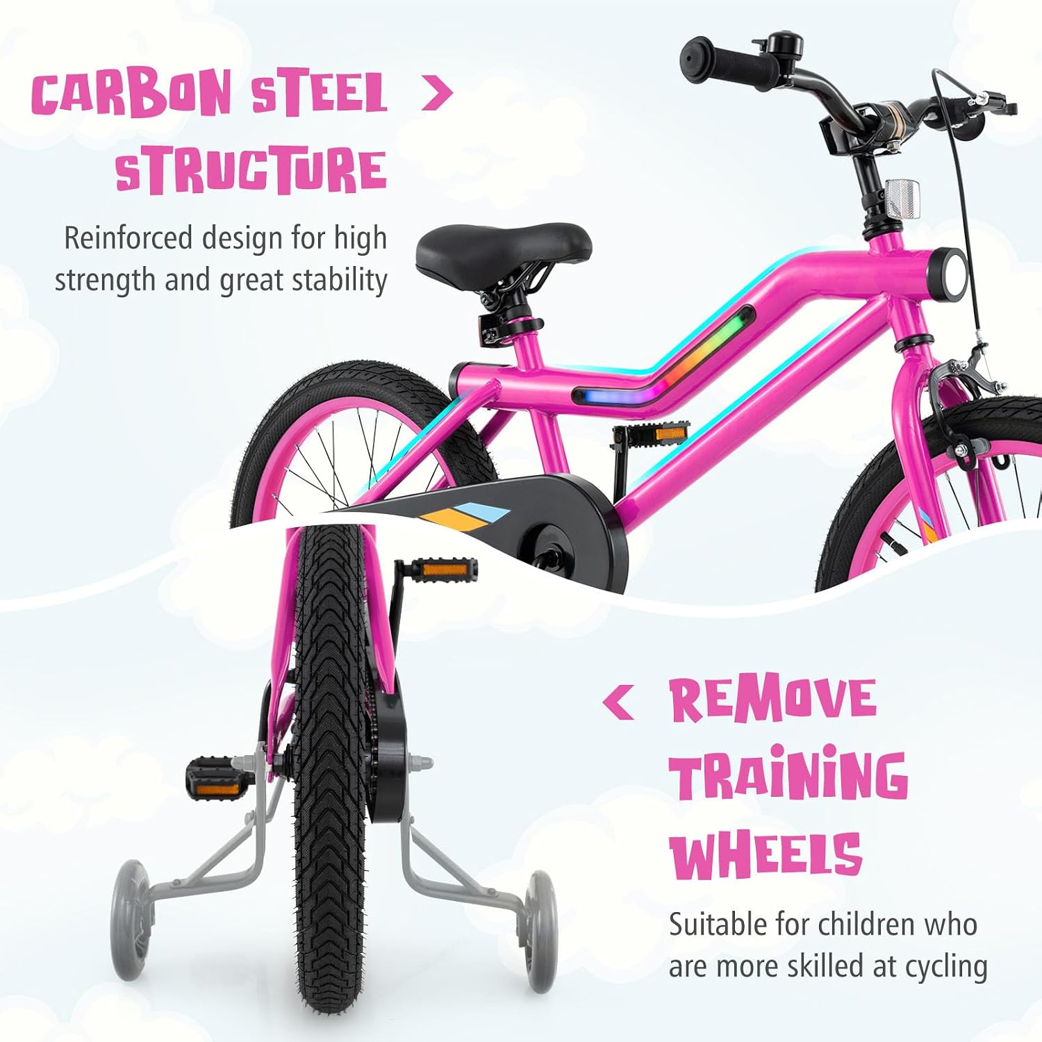 BABY JOY Lighted Kids Bike, 16 18 Inch Children Bicycle with 7-Mode LED Lighted Frame, Headlight, Flash Training Wheels, Dual-Brake, 95% Pre-Assembled, Girls Boys Bike for 4-8 Years