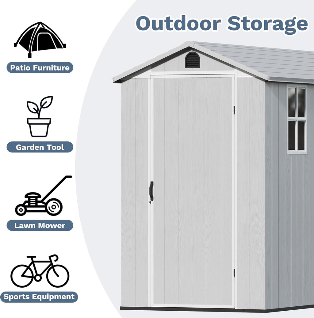 Devoko 4×8 FT Resin Outdoor Storage Shed, Garden Shed with Floor, Lockable Door and Two Windows, Waterproof Outside Plastic shed for Backyard, Bike, Tools, Lawn Mower, Light Grey