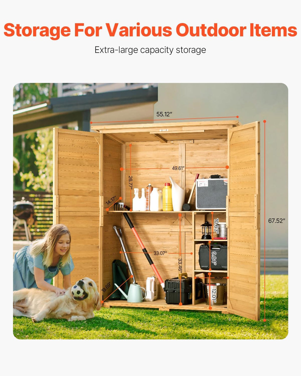 VEVOR Outdoor Storage Shed, Large Wooden Outside Storage Cabinet with Waterproof Roof and Metal Frame, Double Lockable Doors Garden Tool Shed Storage House Cabinet with Shelves, 55.1'x23.6'x67.5'