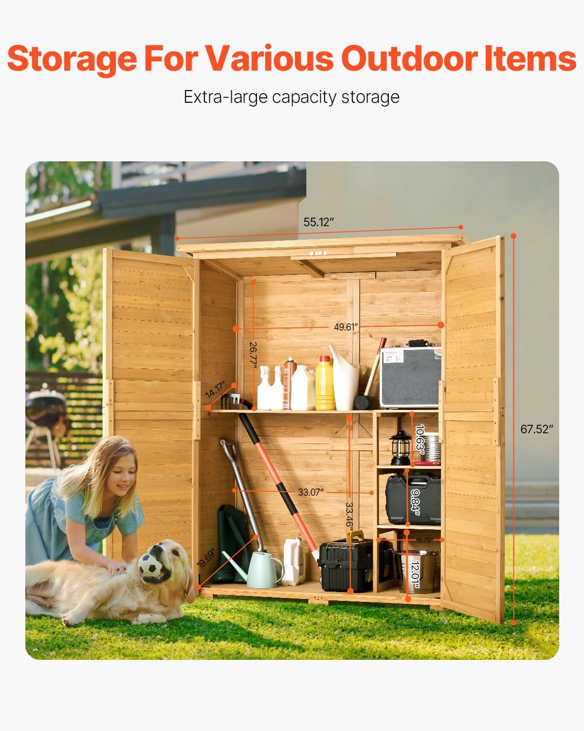 VEVOR Outdoor Storage Shed, Large Wooden Outside Storage Cabinet with Waterproof Roof and Metal Frame, Double Lockable Doors Garden Tool Shed Storage House Cabinet with Shelves, 55.1'x23.6'x67.5'