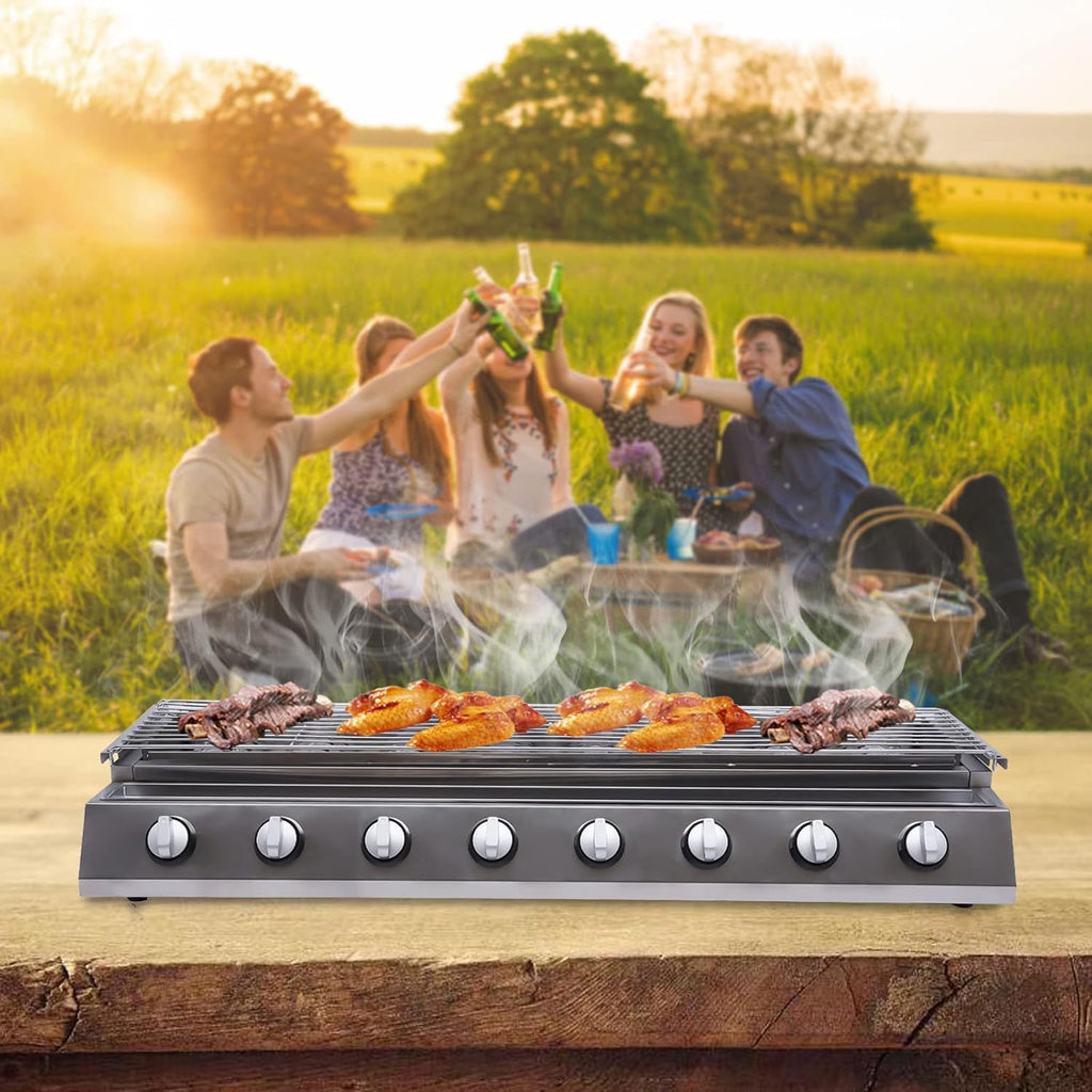 Gas BBQ Grill Stainless Steel Outdoor Camp Picnic Barbecue Shish Kabob 8 Burner Griddle Flat Top Grill Portable Barbecue Grill Countertop Smokeless Grill Non-Stick Cooking Removable Grill Baking