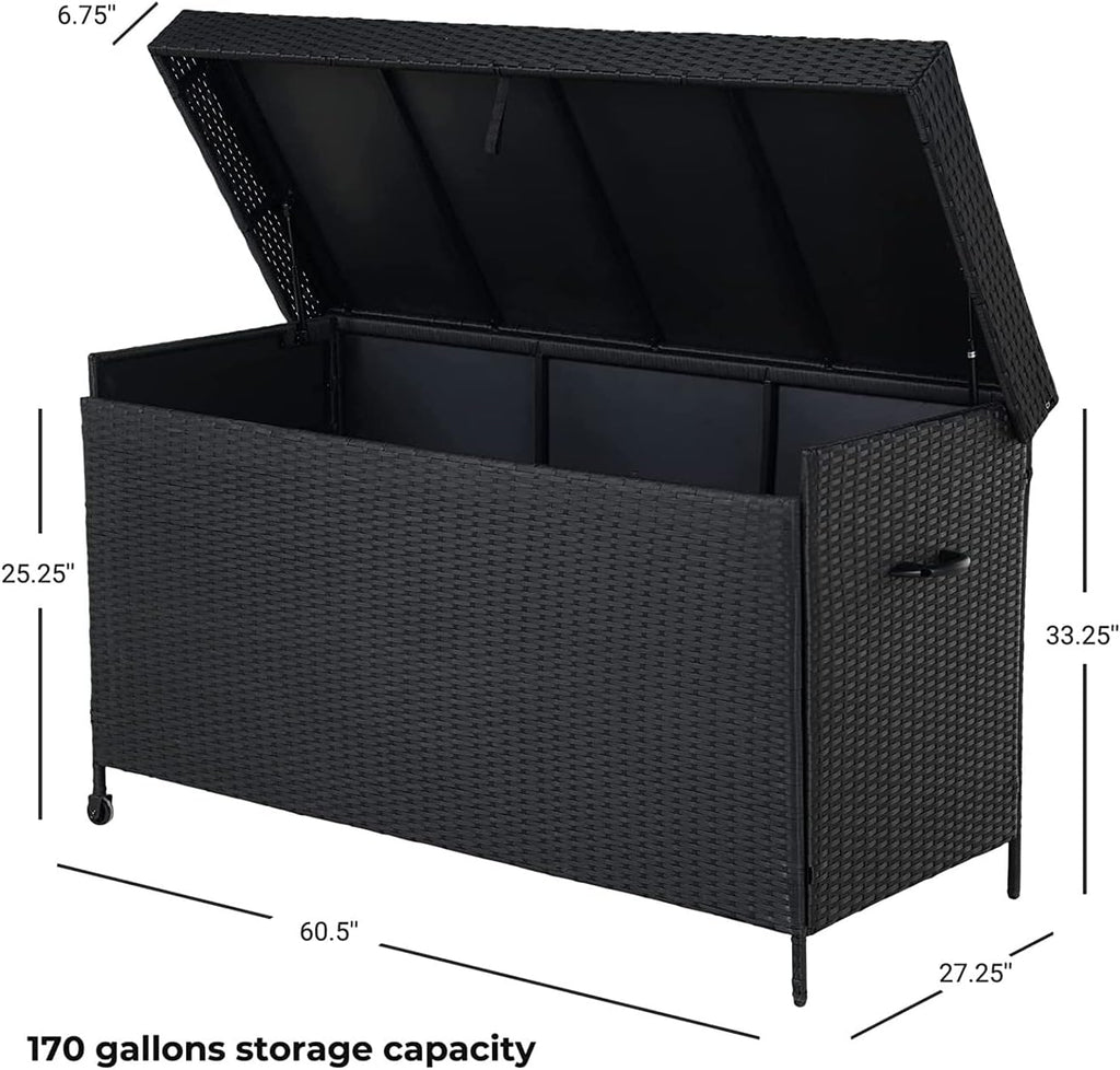 Grand patio 170 Gallon Deck Storage Box Deck Box Outdoor Storage Box Indoor Wicker Storage Bin Patio Storage Box for Patio Furniture Cushions Garden Tools Pool Accessories, Black