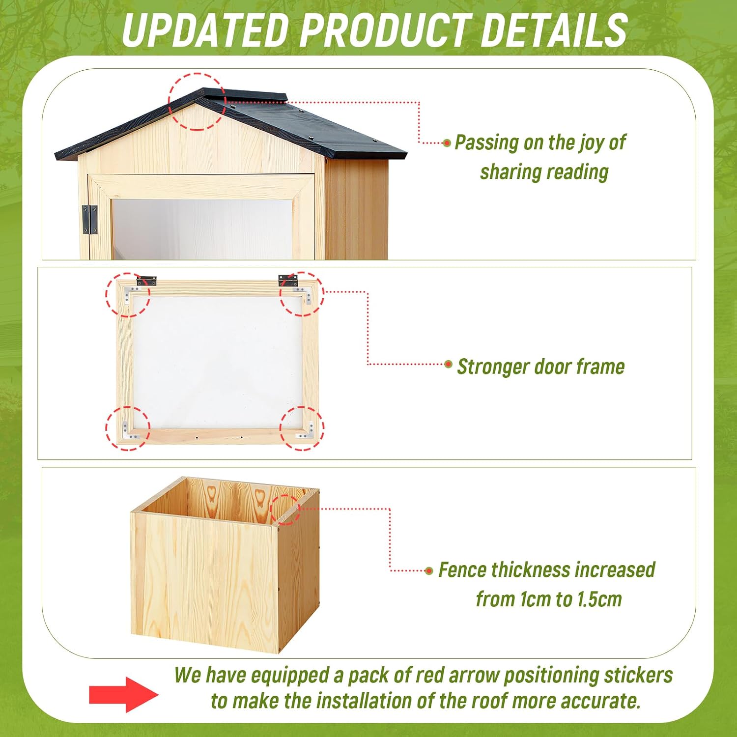Wonderjune Little Library Box Outdoor, Durable Weatherproof Solid Wood Book Exchange Box with Floor Plugs and Small Flower Fence for Community, Literature, School Sharing Book(Natural Wood,Steepletop)