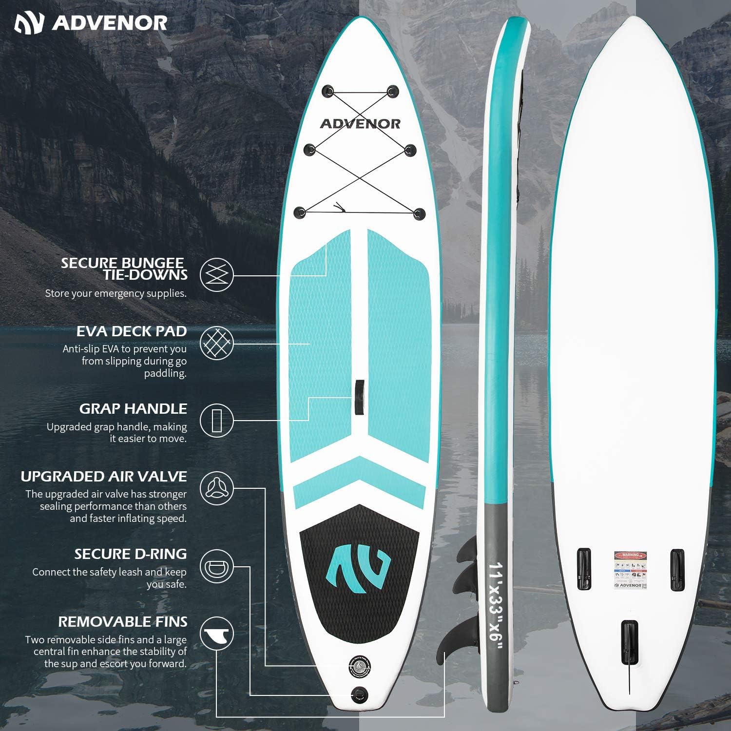 Paddle Board 11'x33 x6 Extra Wide Inflatable Stand Up Paddle Board with Hand Pump,Leash, Adjustable Paddle For Basic Version, Extra Kayak Paddle Kayak Seat 2 Fishing Mounts For Fishing Version
