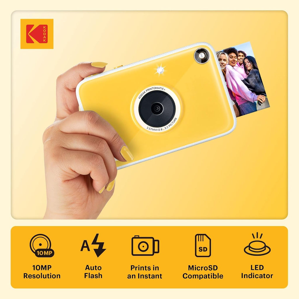 Kodak Printomatic+ Full Color Instant Print Digital Camera Gift Bundle + Case + Zink 2x3 Sticky Back Photo Paper 20pk + Album + Sticker Sets + Sticker Frames + Hanging Frames + Markers - Yewllow