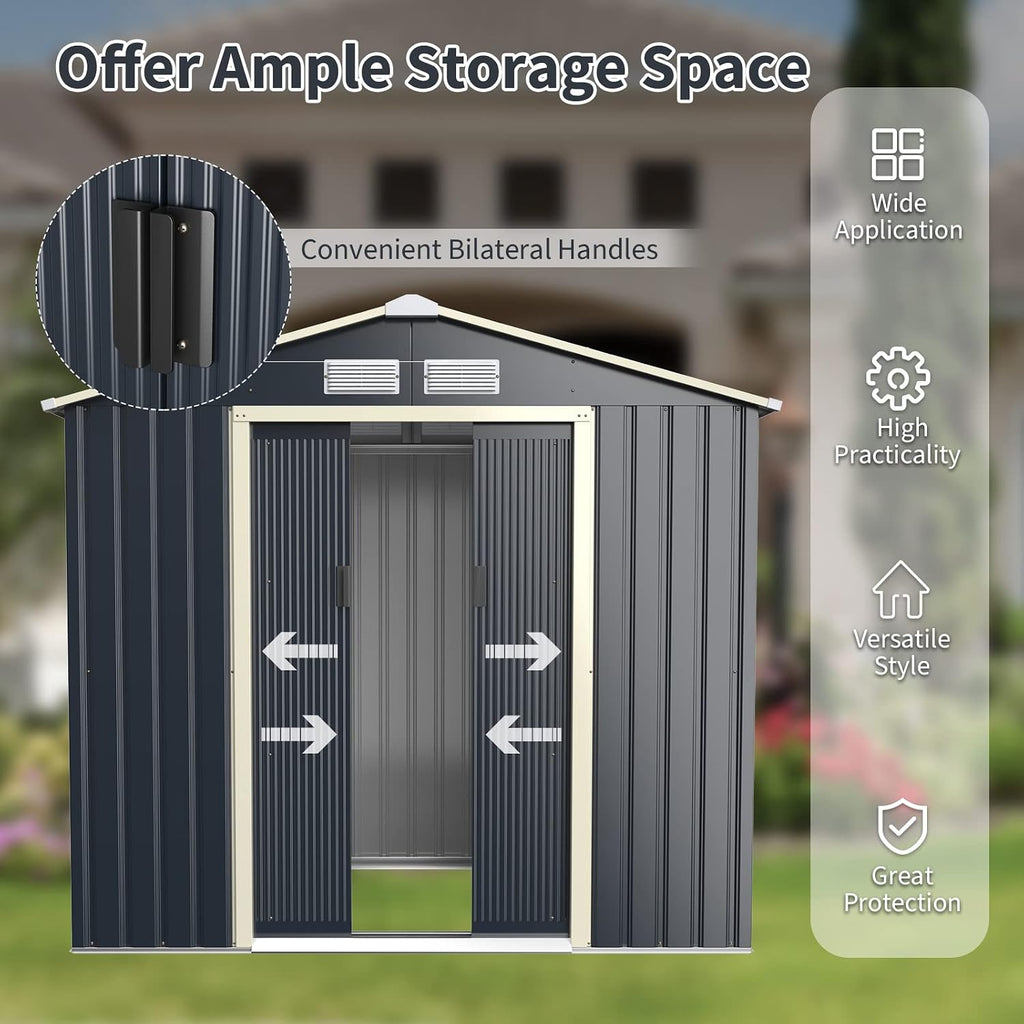 Goplus Outdoor Storage Shed, 7' X 6' Metal Garden Shed with 4 Vents & Double Sliding Door, Utility Tool Shed Storage House for Backyard, Patio, Lawn