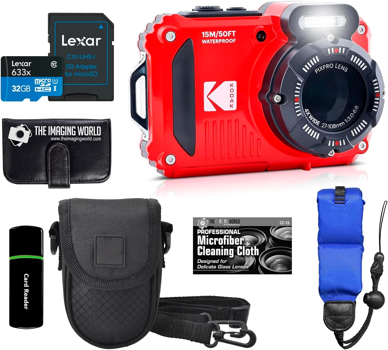 KODAK PIXPRO WPZ2 Rugged Waterproof Shockproof Dustproof WiFi Digital Camera 16MP 4X Optical Zoom 1080P Full HD Video Vlogging Camera 2.7' LCD (Red) + 32GB Card + Case + Floating Strap + Bundle