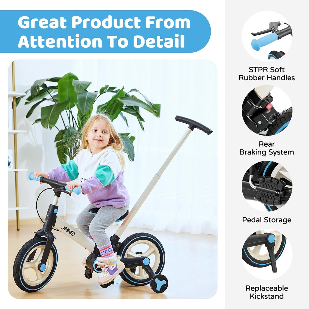 JMMD 6 in 1 Toddler Bike with Push Handle for Kids 18-60 Months, 12' Foldable Balance Bike with Training Wheels, Pedals, Brakes, Kickstand, Push Tricycle Toddler Gift & Toys for Boy & Girl