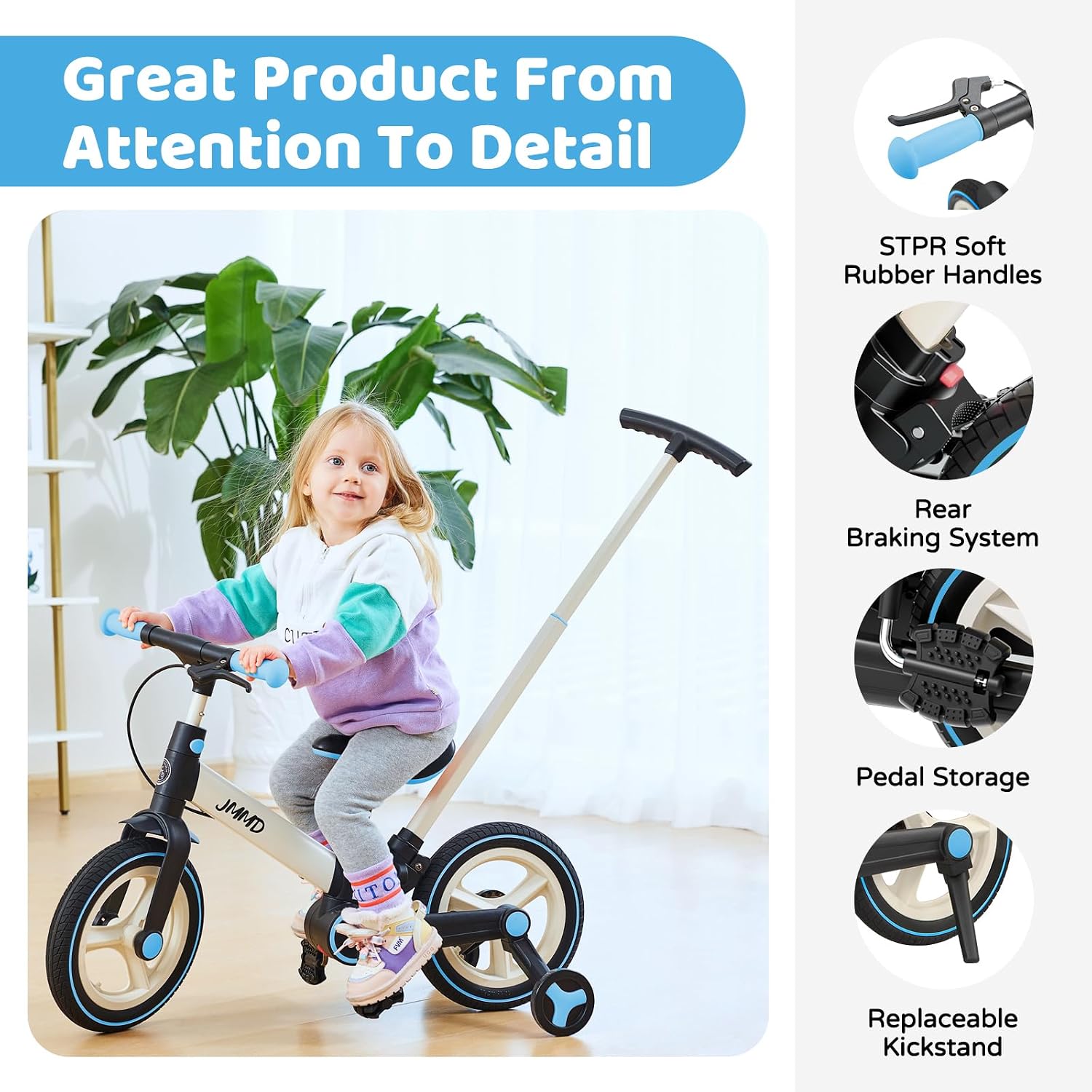 JMMD 6 in 1 Toddler Bike with Push Handle for Kids 18-60 Months, 12' Foldable Balance Bike with Training Wheels, Pedals, Brakes, Kickstand, Push Tricycle Toddler Gift & Toys for Boy & Girl