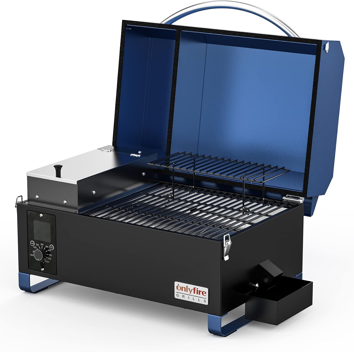 ONLYFIRE GRILLS BBQ Wood Pellet Grill Smoker with Digital Control, Meat Probe & 2 Tiers Cooking Area, Portable Tabletop Grilling Stove for BBQ, Smoke, Bake and Roast, RV Camping, Blue GS313