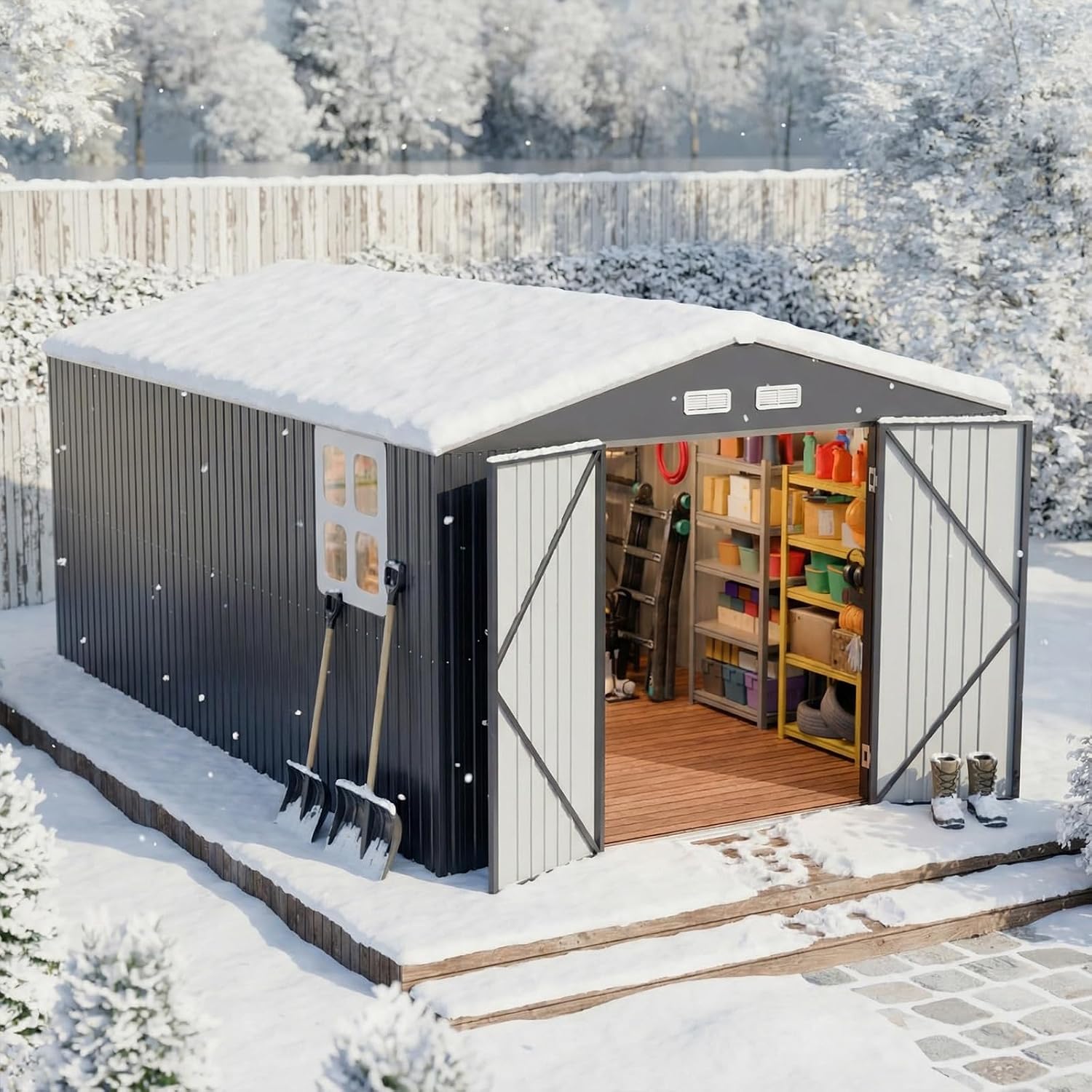 10x16 FT Metal Outdoor Storage Shed with Unique Floor Base Clear Roof Lockable Door Windows Vents,Waterproof Heavy Duty Reinforced Frame Sheds for Yard Store Bikes Large Lawnmower,Dark Grey