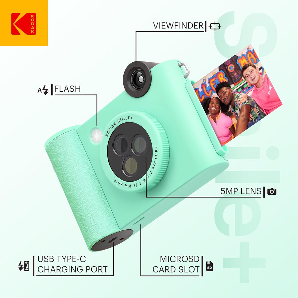 Kodak Smile+ 2-in-1 Digital Instant Print Camera & Wireless Bluetooth Photo Printer Starter Bundle + Soft Case + Zink 20pk Sticky-Back Photo Paper - 10MP, Special-Effect Rotating Lens - Green
