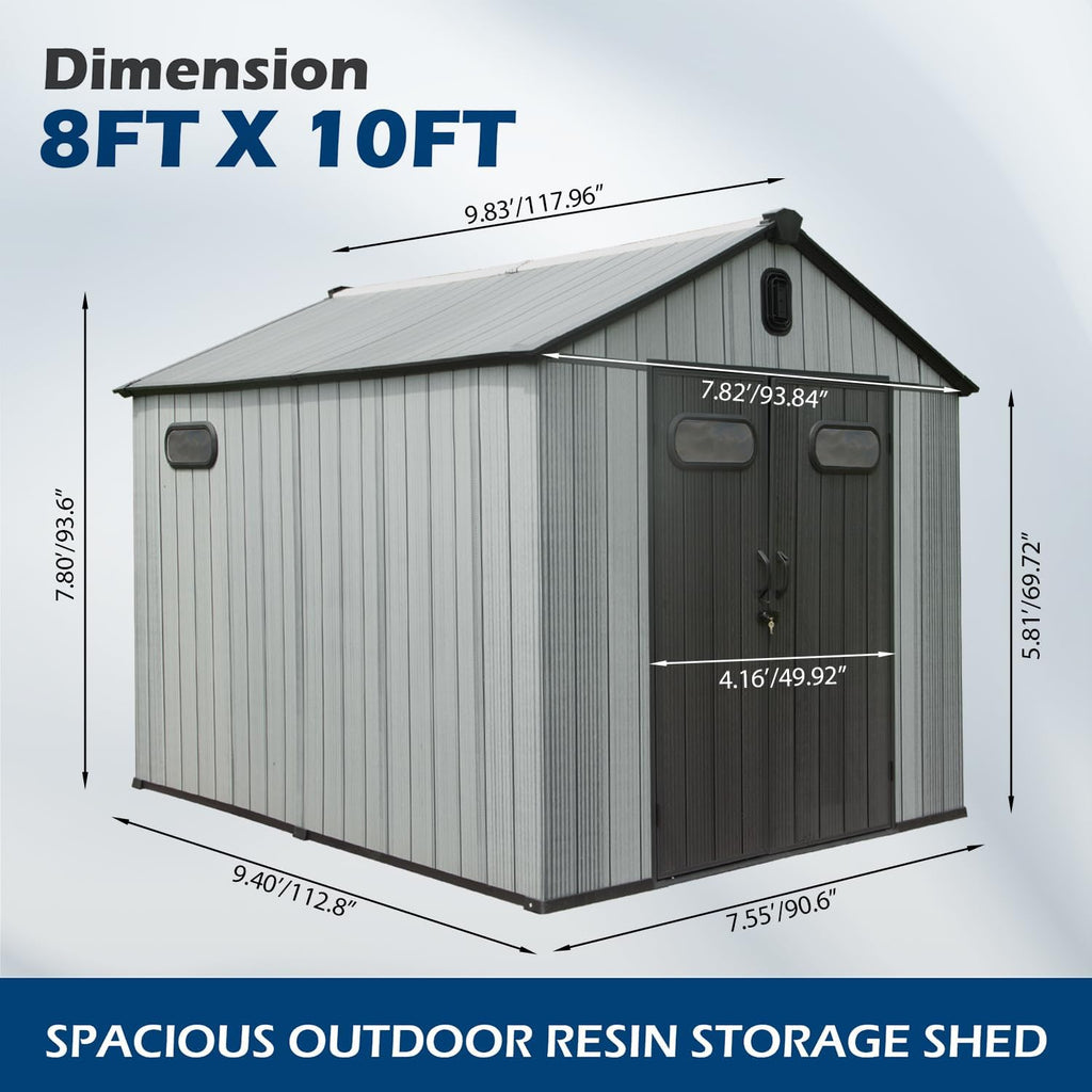 Domi 8x10Ft Resin Outdoor Storage Shed, Plastic Garden Shed with Carpet, Outside Weatherproof Storage Building for Tools, Bike, Lawn Mower, Patio, Backyard