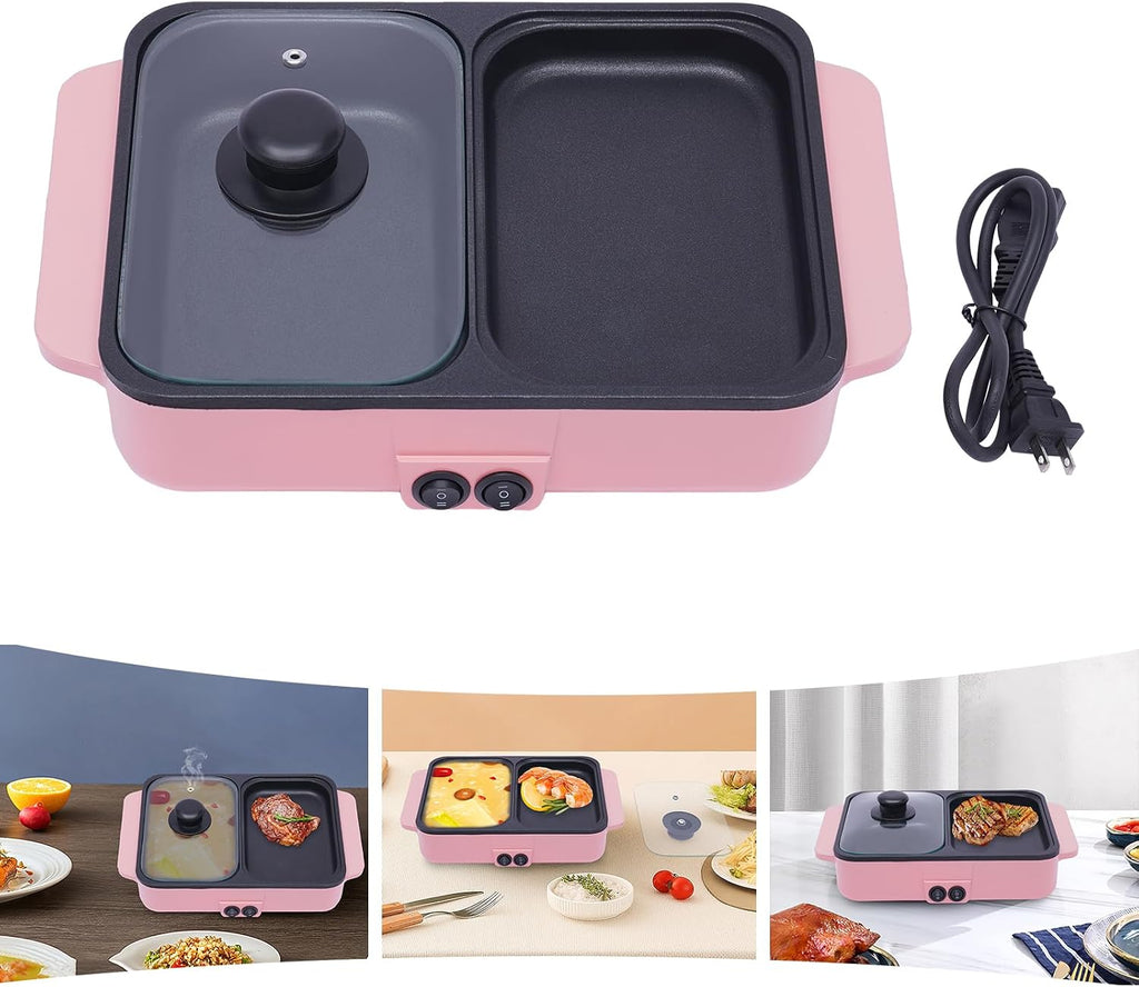 2 in 1 Portable Electric Indoor Nonstick Grill for Steaks, Shabu Shabu, Noodles, Simmer and Fry, Korean BBQ Grill Mini Shabu Shabu Hot Pot BBQ Grill Kitchen Smokeless Shabu Cooking Pan