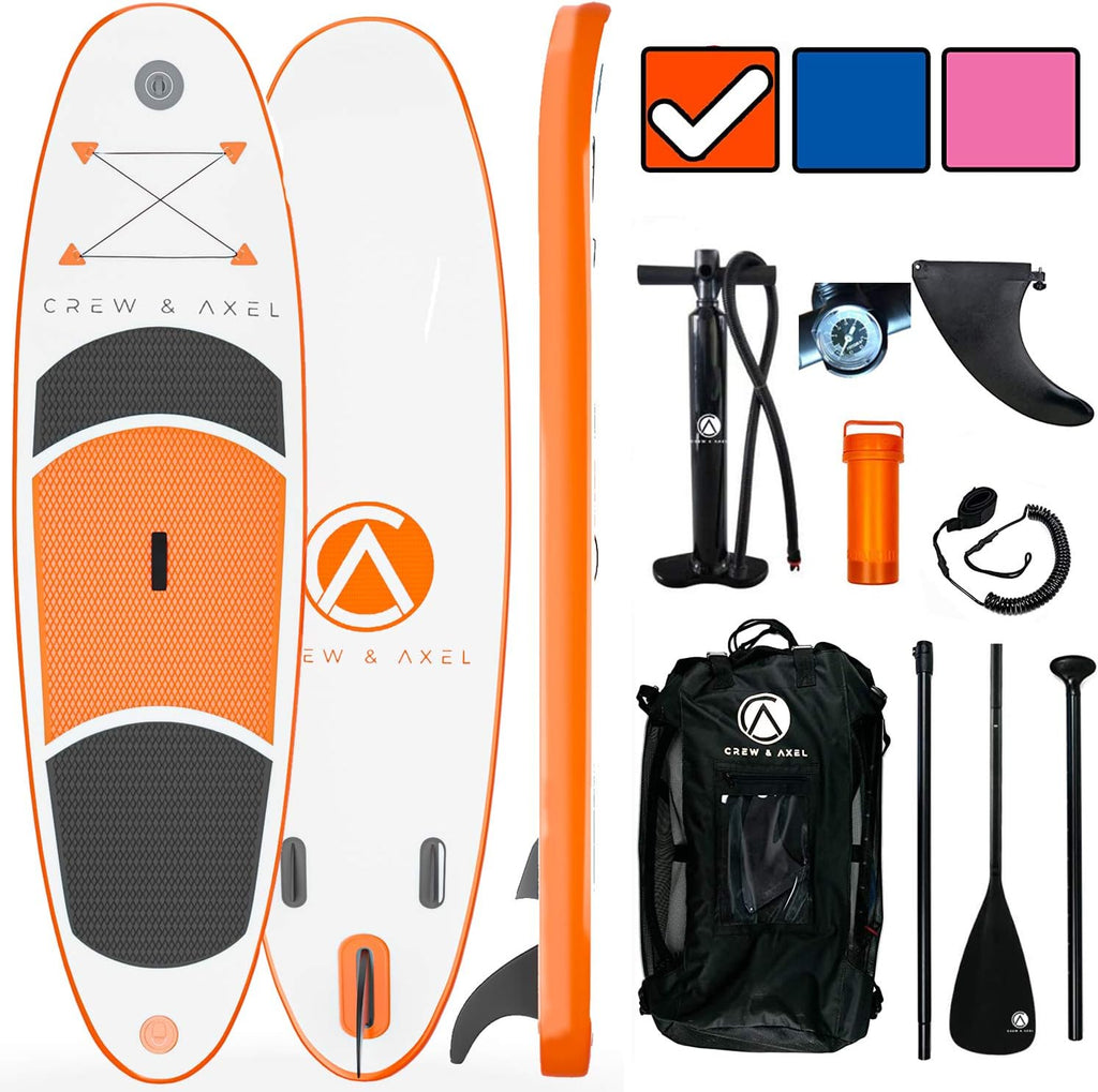 Crew Axel Inflatable Paddle Board 10'33'6' Extra Wide & Lightweight (18lb) Paddle Board – Premium SUP Set Includes 2 Bags, Floating Paddle, Camera Mount, 3 Fins, Dual Pump Kit