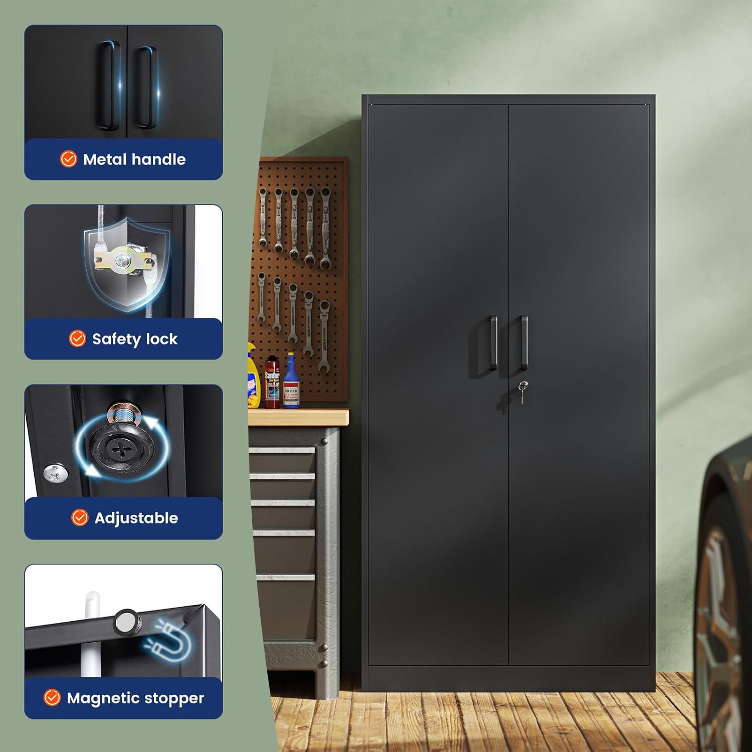 Yizosh Metal Storage Cabinet with Lock - 72' Garage Storage Cabinet with 2 Locking Doors and 5 Adjustable Shelves, Black Steel Lockable for Office,Home,Garage