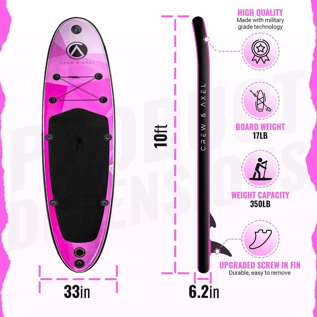 Crew Axel Inflatable Paddle Board 10'33'6' Extra Wide & Lightweight (18lb) Paddle Board – Premium SUP Set Includes 2 Bags, Floating Paddle, Camera Mount, 3 Fins, Dual Pump Kit