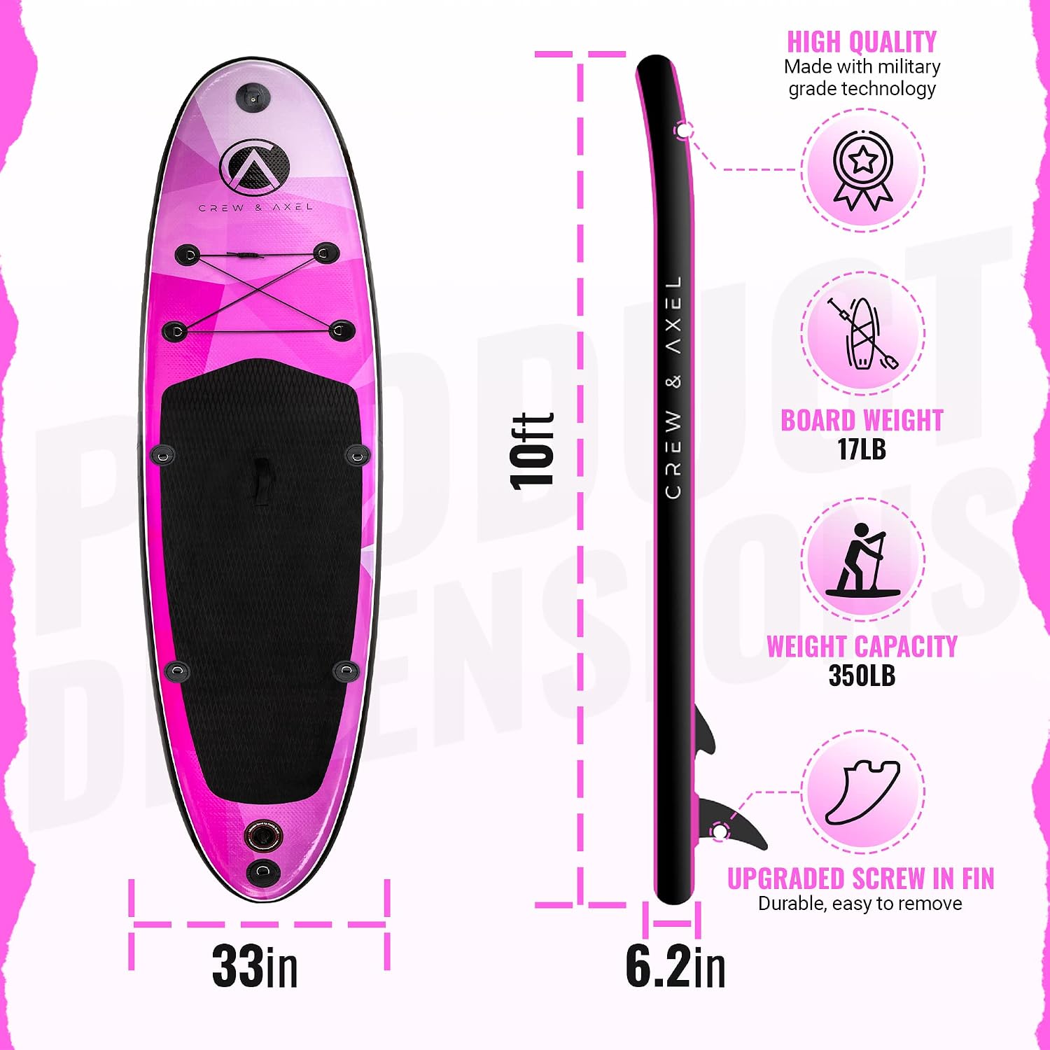Crew Axel Inflatable Paddle Board 10'33'6' Extra Wide & Lightweight (18lb) Paddle Board – Premium SUP Set Includes 2 Bags, Floating Paddle, Camera Mount, 3 Fins, Dual Pump Kit