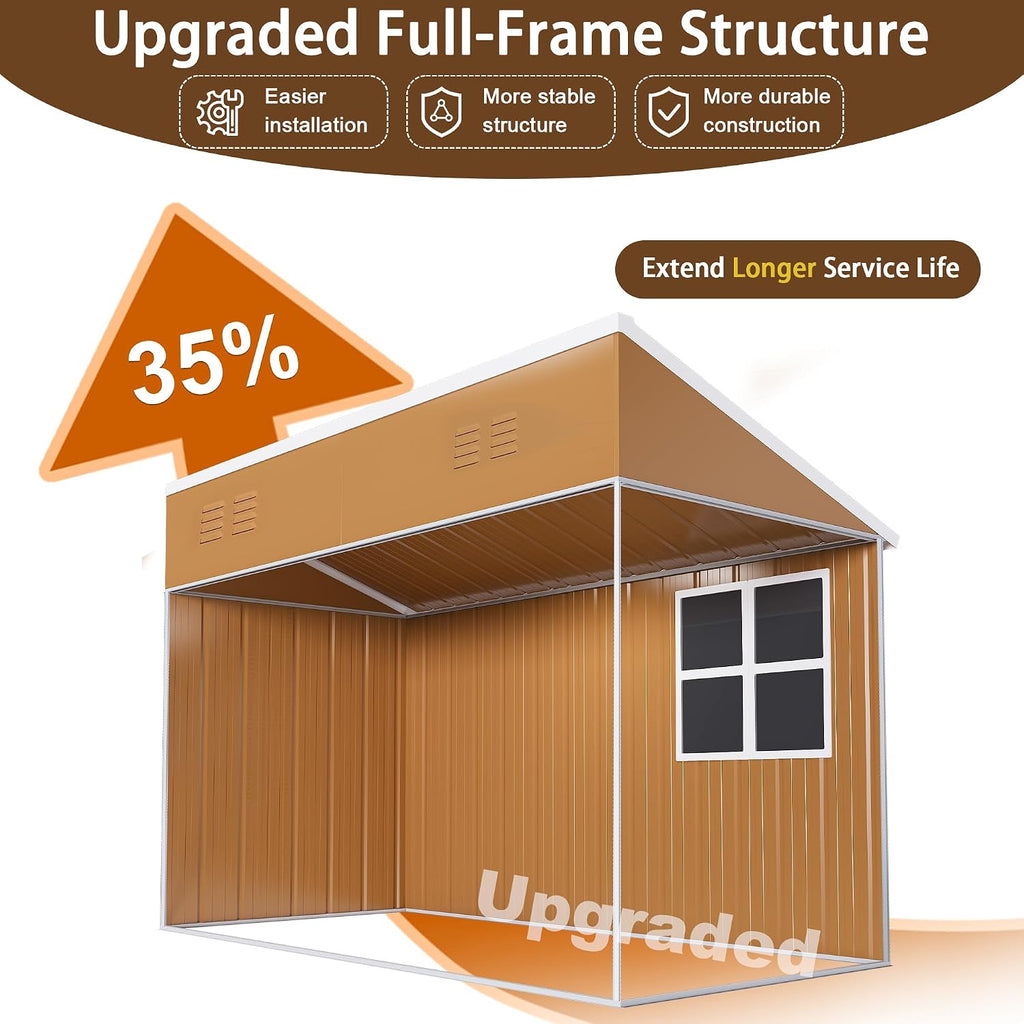 8x4 FT Heavy-Duty Metal Tool Shed with Windows, Lockable Door & Ventilation, Weatherproof Outdoor Garden Storage Shed for Backyard, Lawn, and Tool Organization, Brown