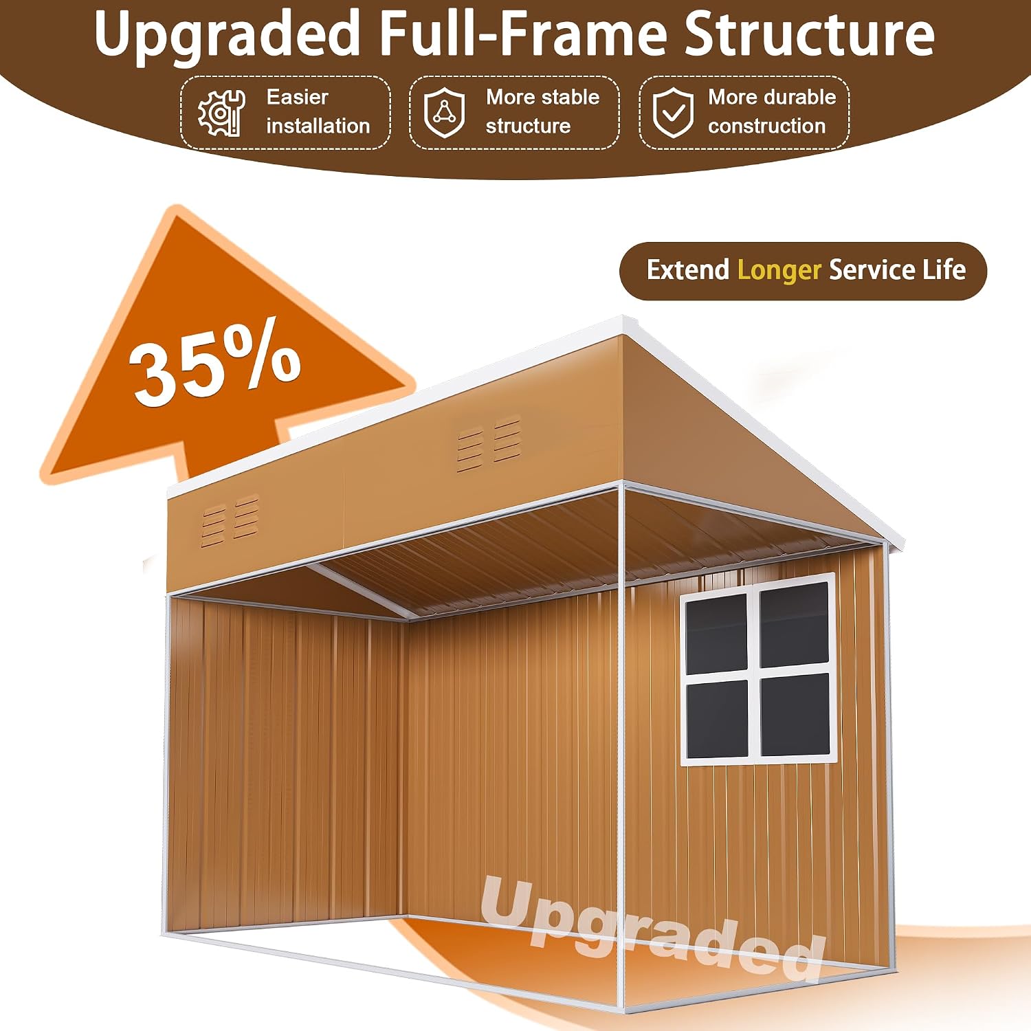 8x4 FT Heavy-Duty Metal Tool Shed with Windows, Lockable Door & Ventilation, Weatherproof Outdoor Garden Storage Shed for Backyard, Lawn, and Tool Organization, Brown