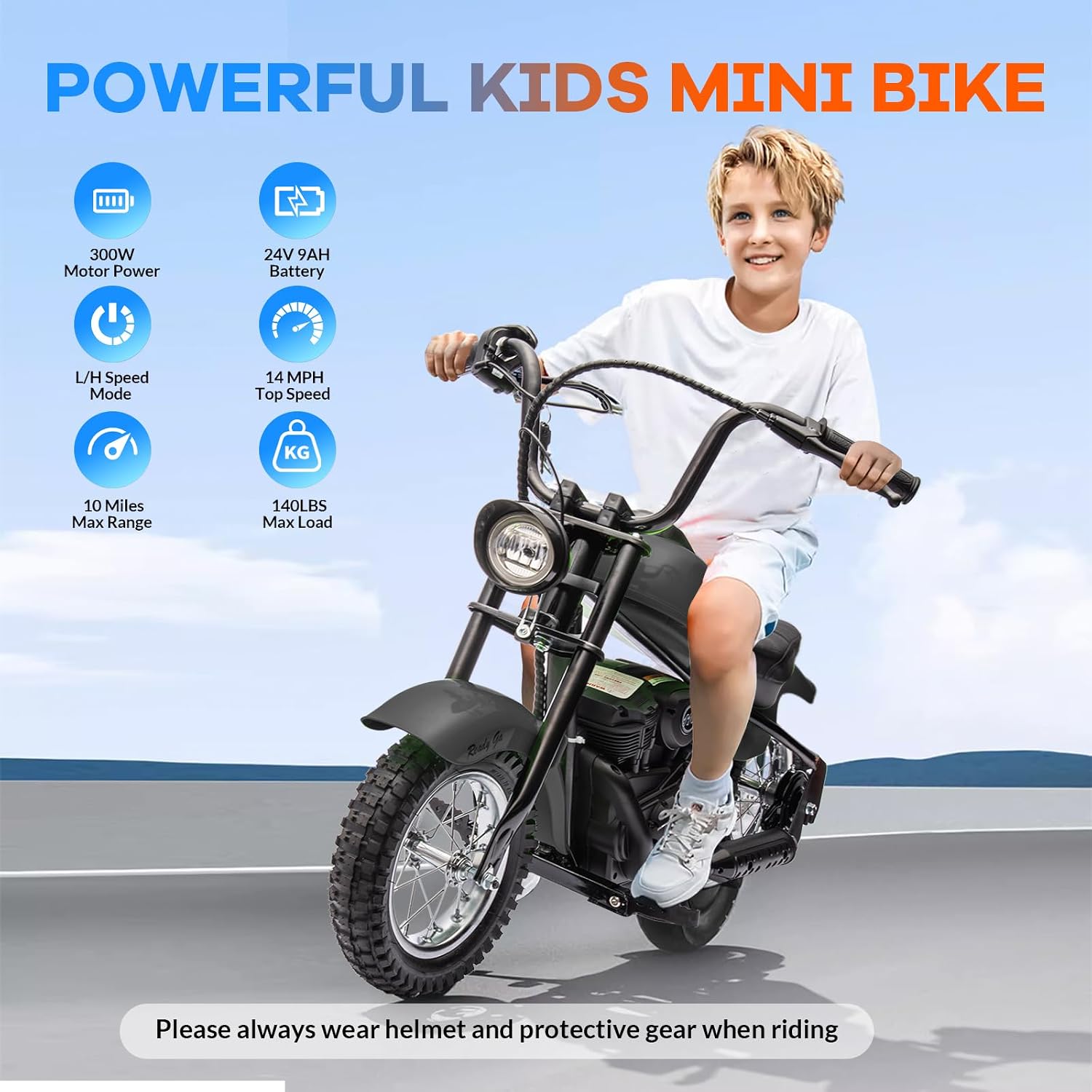 Garveelife Electric Dirt Bike, 15 Mph & 150lb Max, 24V Ride On Toy for Big Kids w/Led Lights & Power Display, 300W Chain-Driven Motor, Two Speed, Handbrake, Leather Seat, 12' Air-Filled Tires, Black
