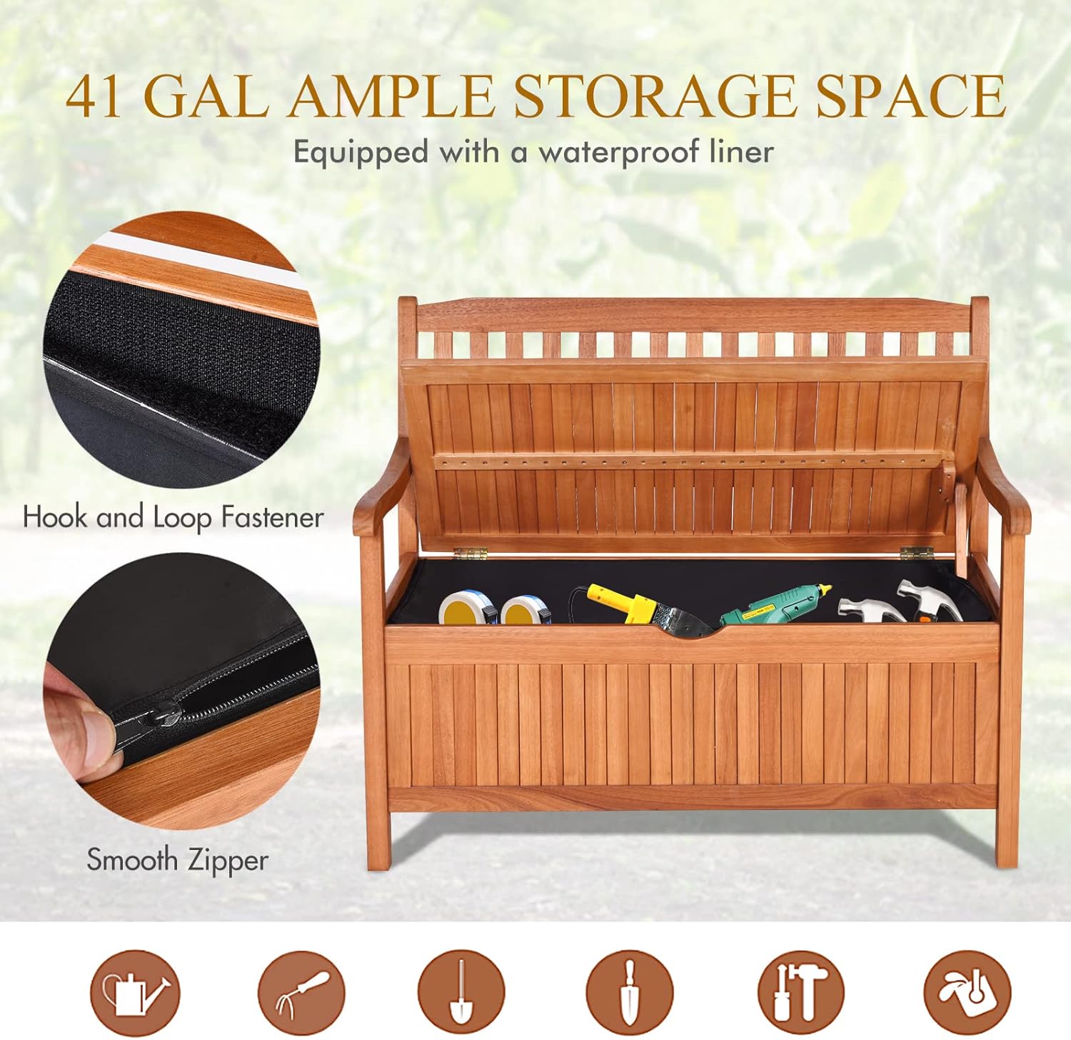 Giantex Wooden Outdoor Bench, Outside Deck Box with Seating, 800 lbs Capacity, Dustproof Liner, Wood Storage Loveseat for Pool Front Porch Garden Lawn Decor, Eucalyptus Patio Bench